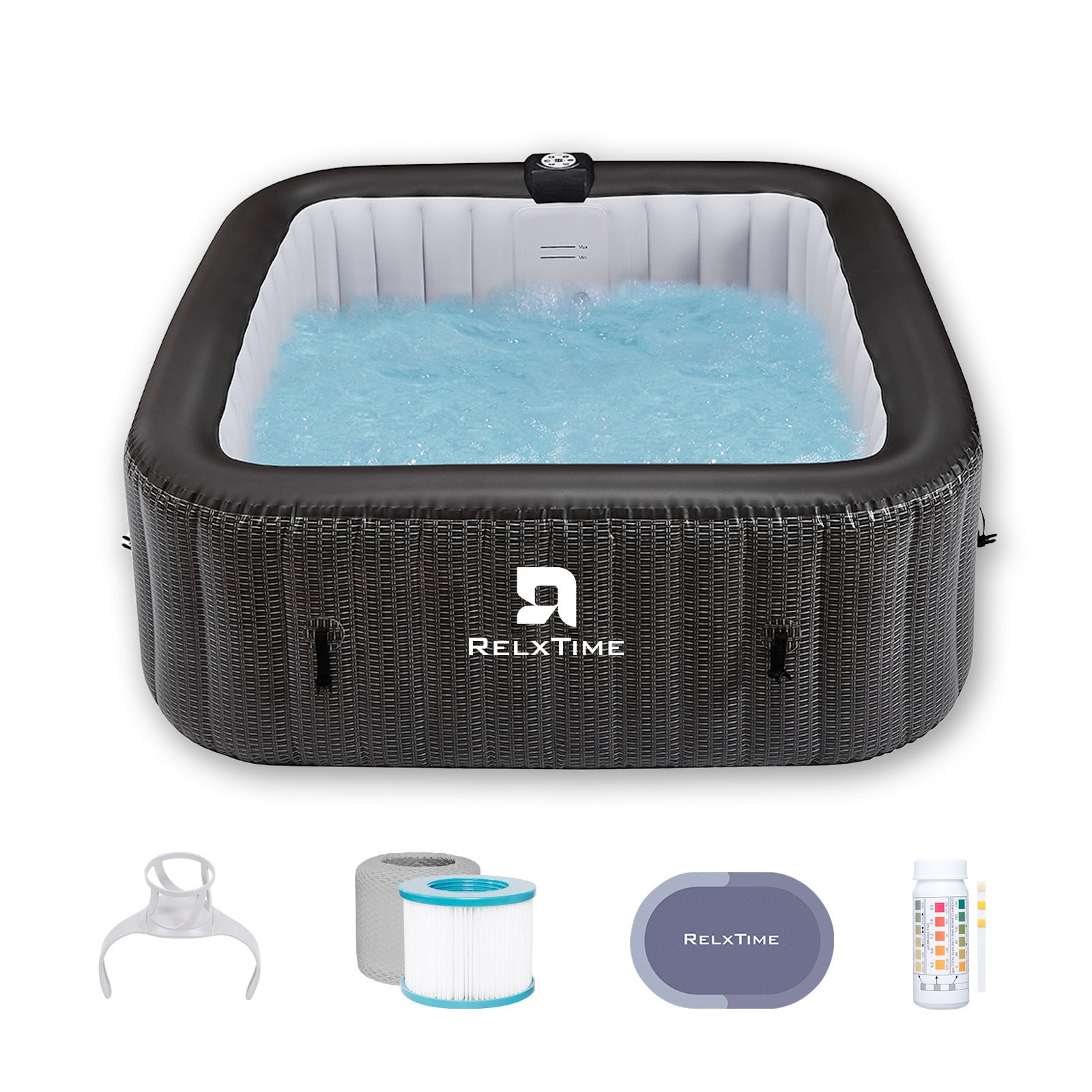 Relxtime 6 Person Square Inflatable Hot Tub 130 Massaging Air Jets Black Laminated Classic Spa - TB001