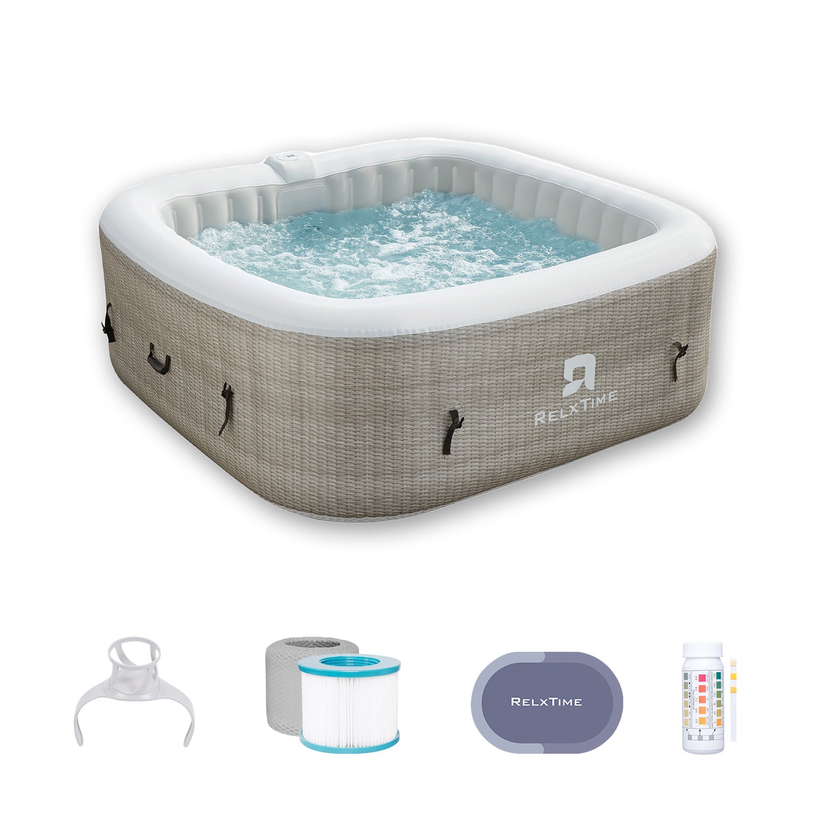 RELXTIME 4-6 Person Square Hot Tub Inflatable Spa Portable Hottub Outdoor Blow Up Hot Tub with 130 Bubble Jets, Built in Heater Pump, Filter Cartridges - TBF6001