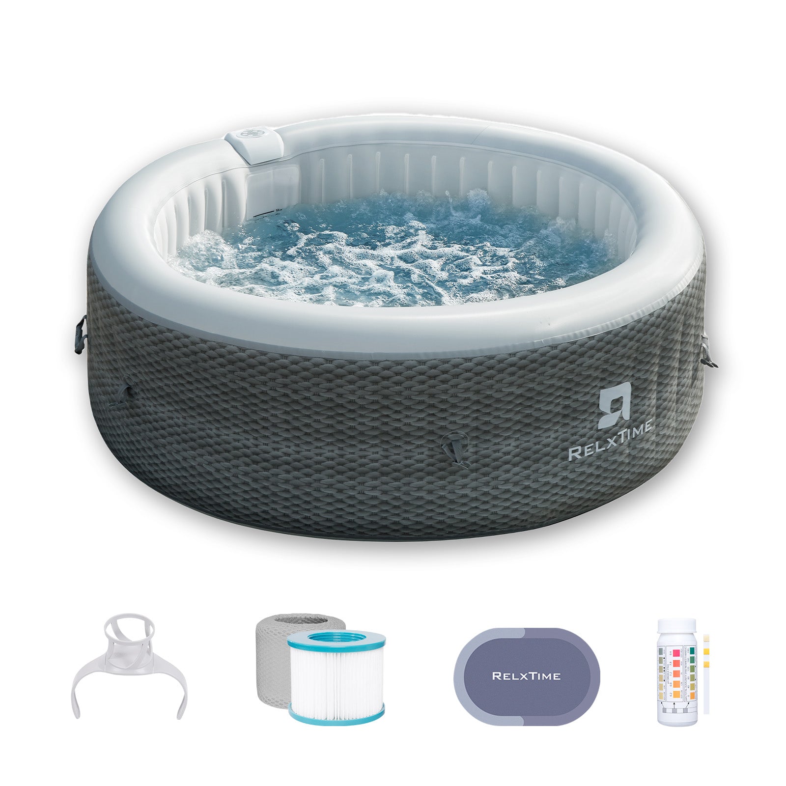Relxtime 4-6 Person Portable Inflatable Hot Tub Round Outdoor Spa Blow Up Hottub with Control Panel, 130 Soothing Bubble Jets, with Heater Pump, Filter Cartridge, Gray - MSY6001