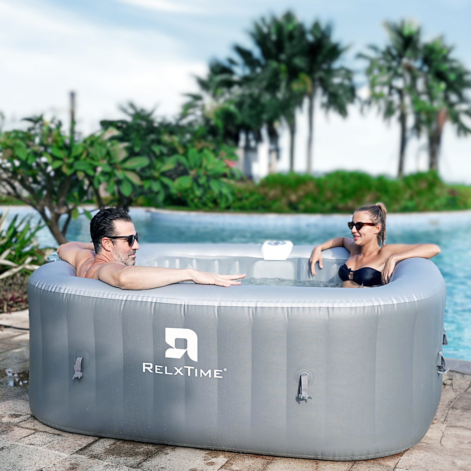 Relxtime 6 Person Square Inflatable Hot Tub 130 Massaging Air Jets Grey Laminated Classic Spa - HS003