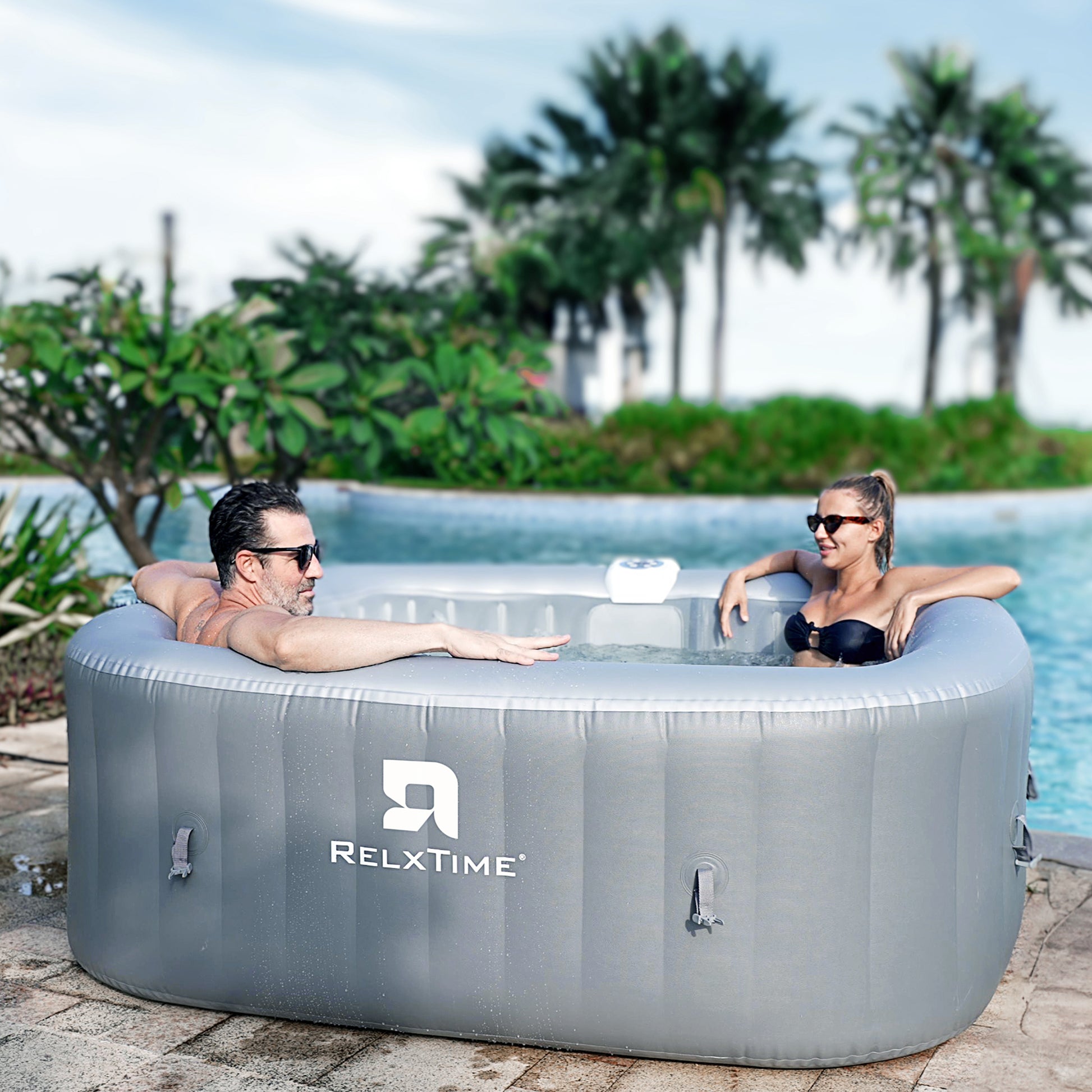 Relxtime 6 Person Square Inflatable Hot Tub 130 Massaging Air Jets Grey Laminated Classic Spa - HS003