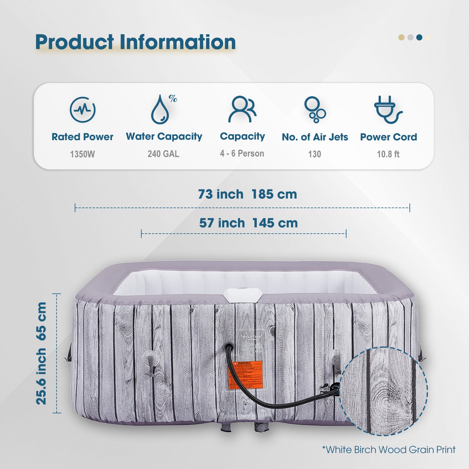 Relxtime 6 Person Square Inflatable Hot Tub 130 Massaging Air Jets Woodland Spa - BMW001