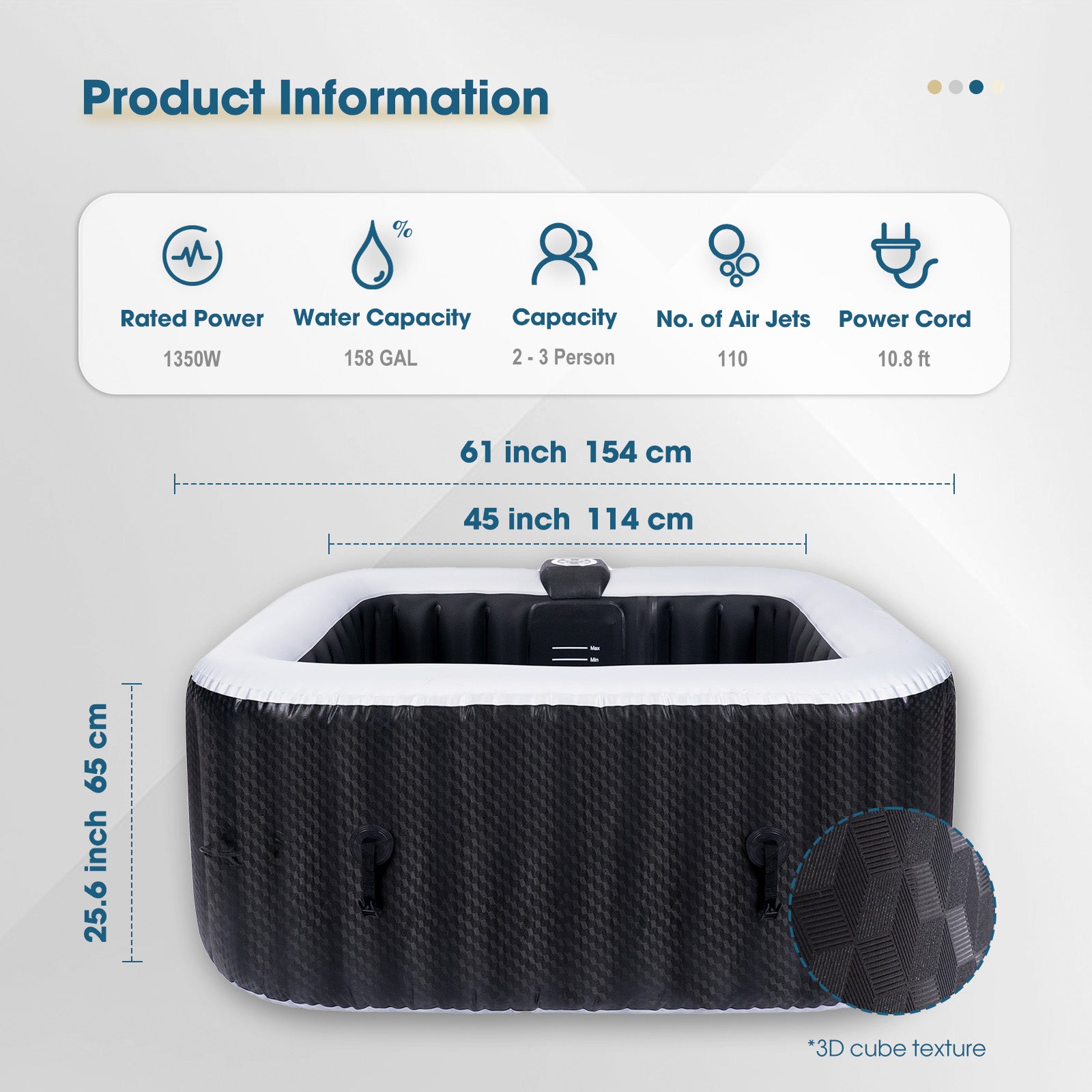 Relxtime 2-3 Person Square Inflatable Hot Tub 120 Massaging Air Jets Black Laminated Classic Spa - HS004