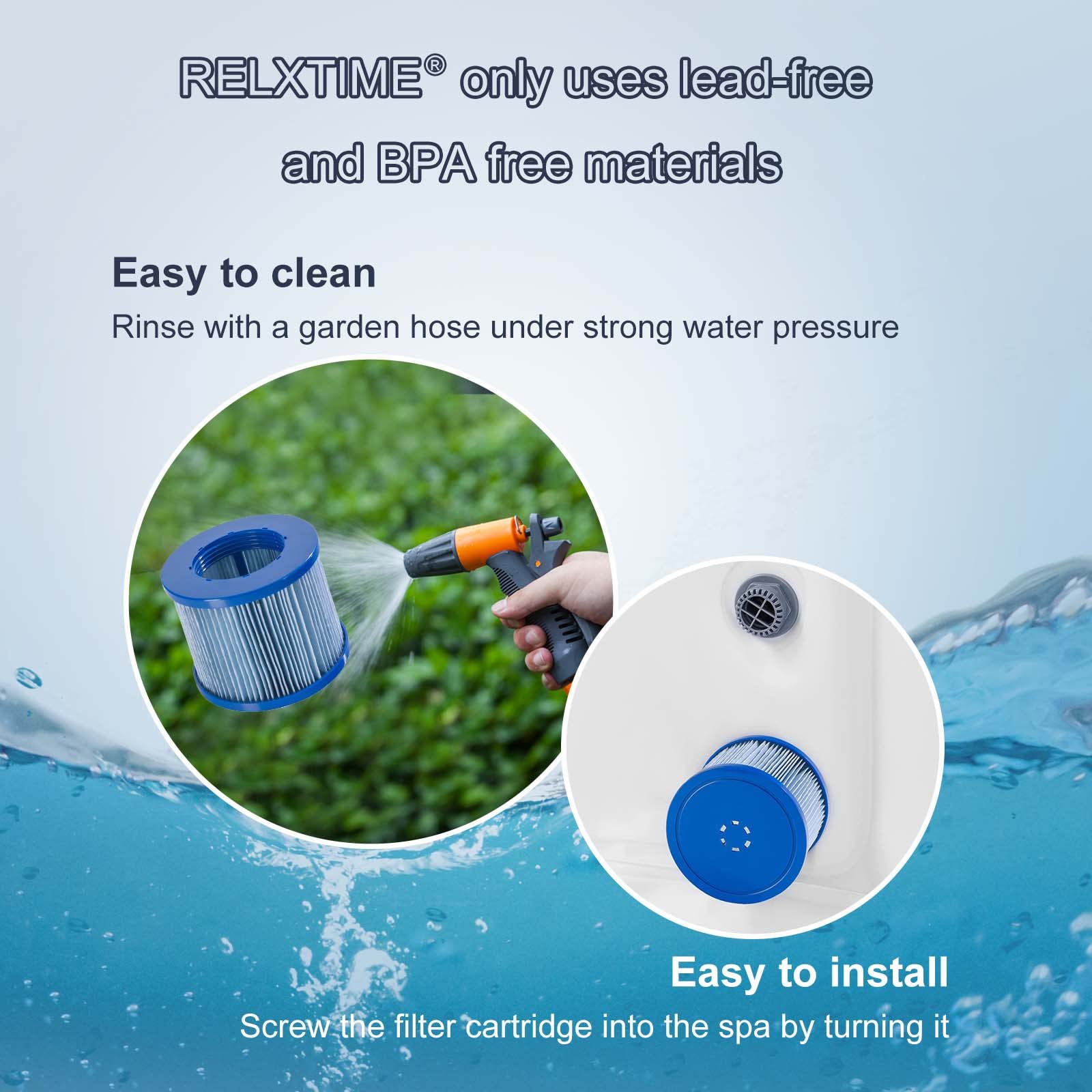 Relxtime 6 Pack Spa Filter Replacement, Pool Filters Hot Tub Filter Cartridges, Compatible With Inflatable Tubs Filtration, Blue