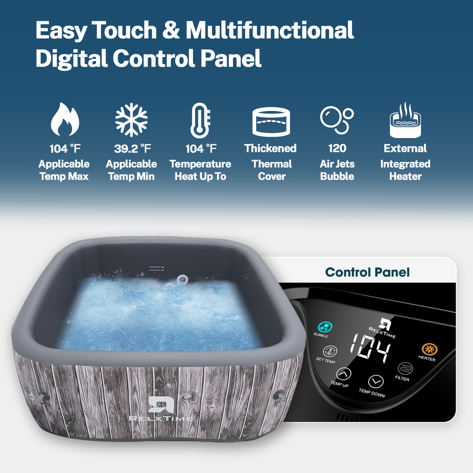 Relxtime 2-4 Person Inflatable Hot Tub, Portable Square Inflatable Tub with 120 Air Jets, Built-in Heater Pump, Portable Outdoor Hydrotherapy Pool - LSF001