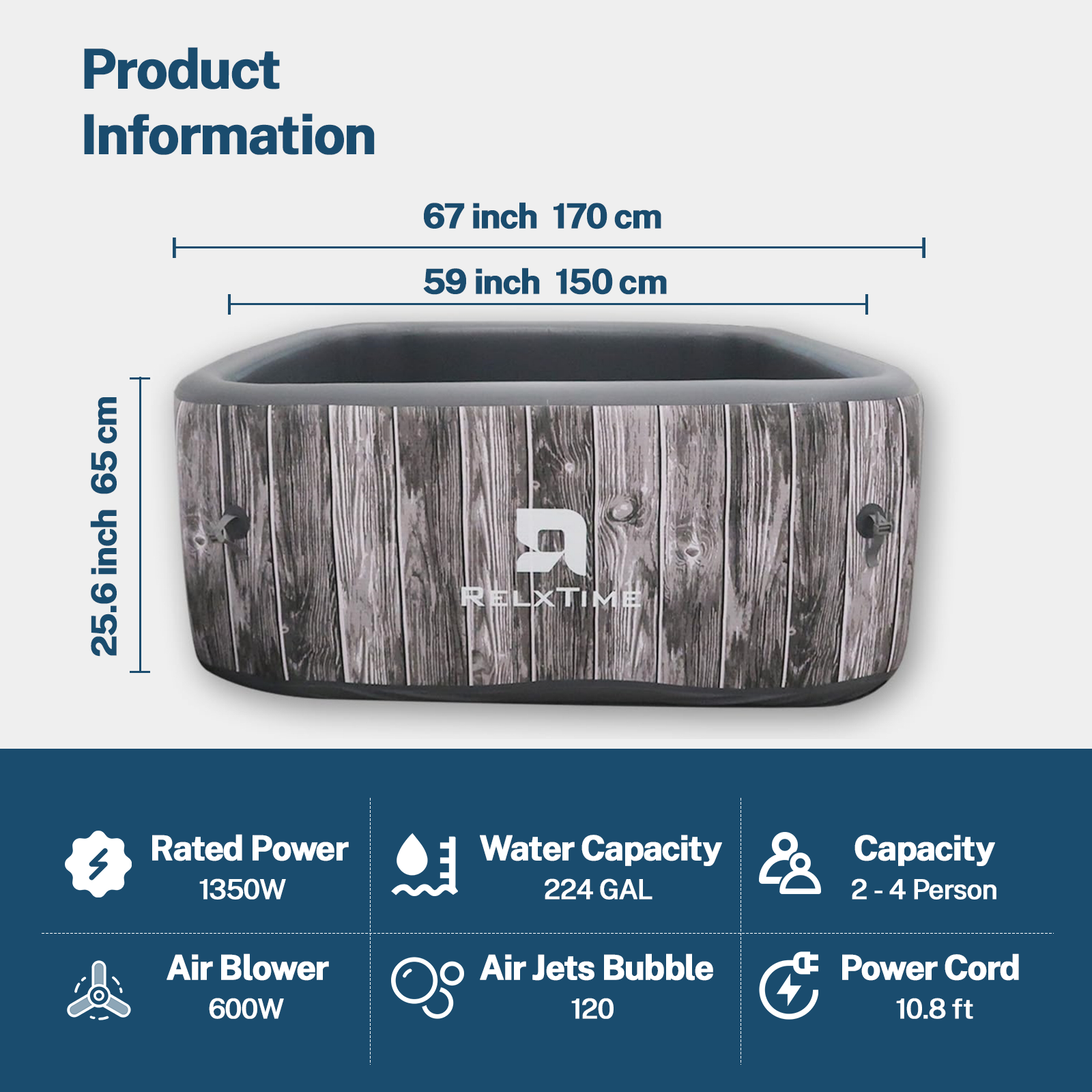 Relxtime 2-4 Person Inflatable Hot Tub, Portable Square Inflatable Tub with 120 Air Jets, Built-in Heater Pump, Portable Outdoor Hydrotherapy Pool - LSF001
