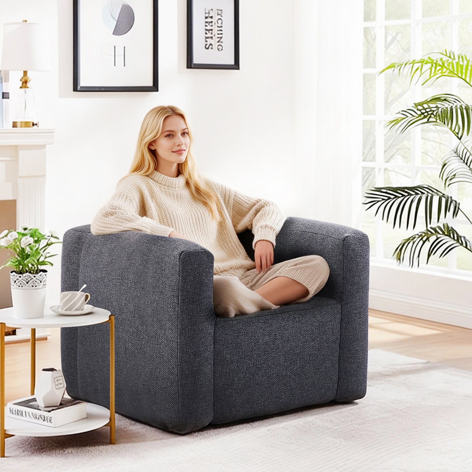 Portable Linen-Textured Air Lounger Chair-Grey