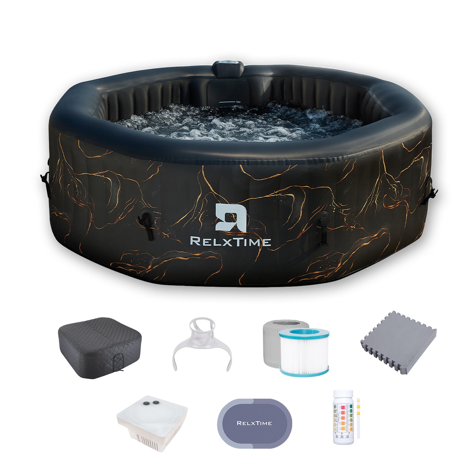 Relxtime 4-6 Person Octagonal Black Gold Inflatable Hot Tub, Portable Outdoor Spa with 130 Soothing Bubble Jets, Insulated Cover, 2 Filter Cartridges - HJD6001