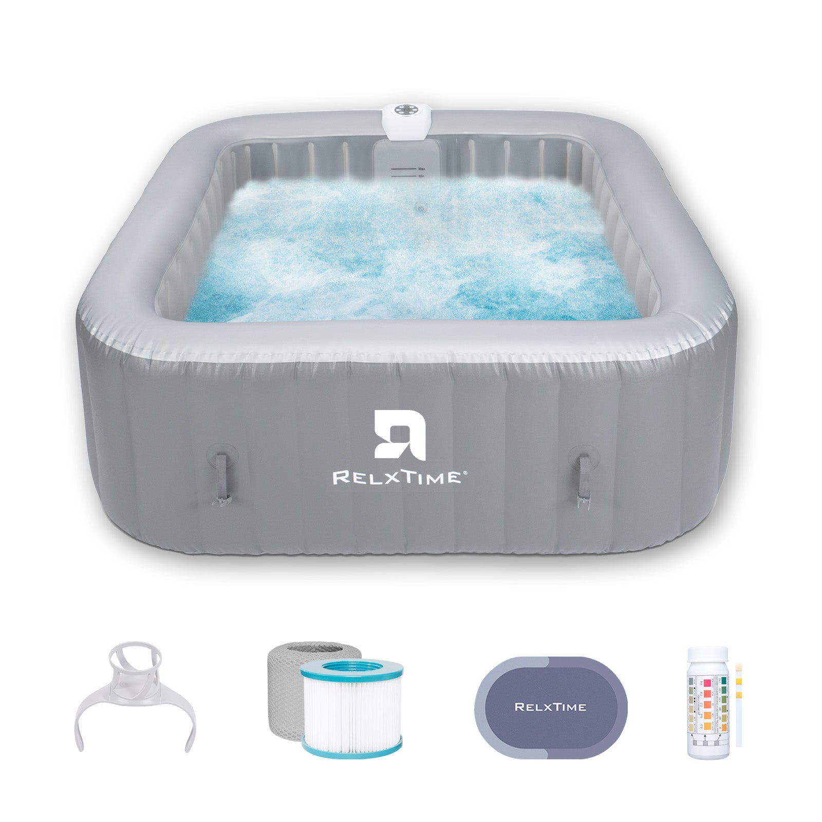 Relxtime 6 Person Square Inflatable Hot Tub 130 Massaging Air Jets Grey Laminated Classic Spa