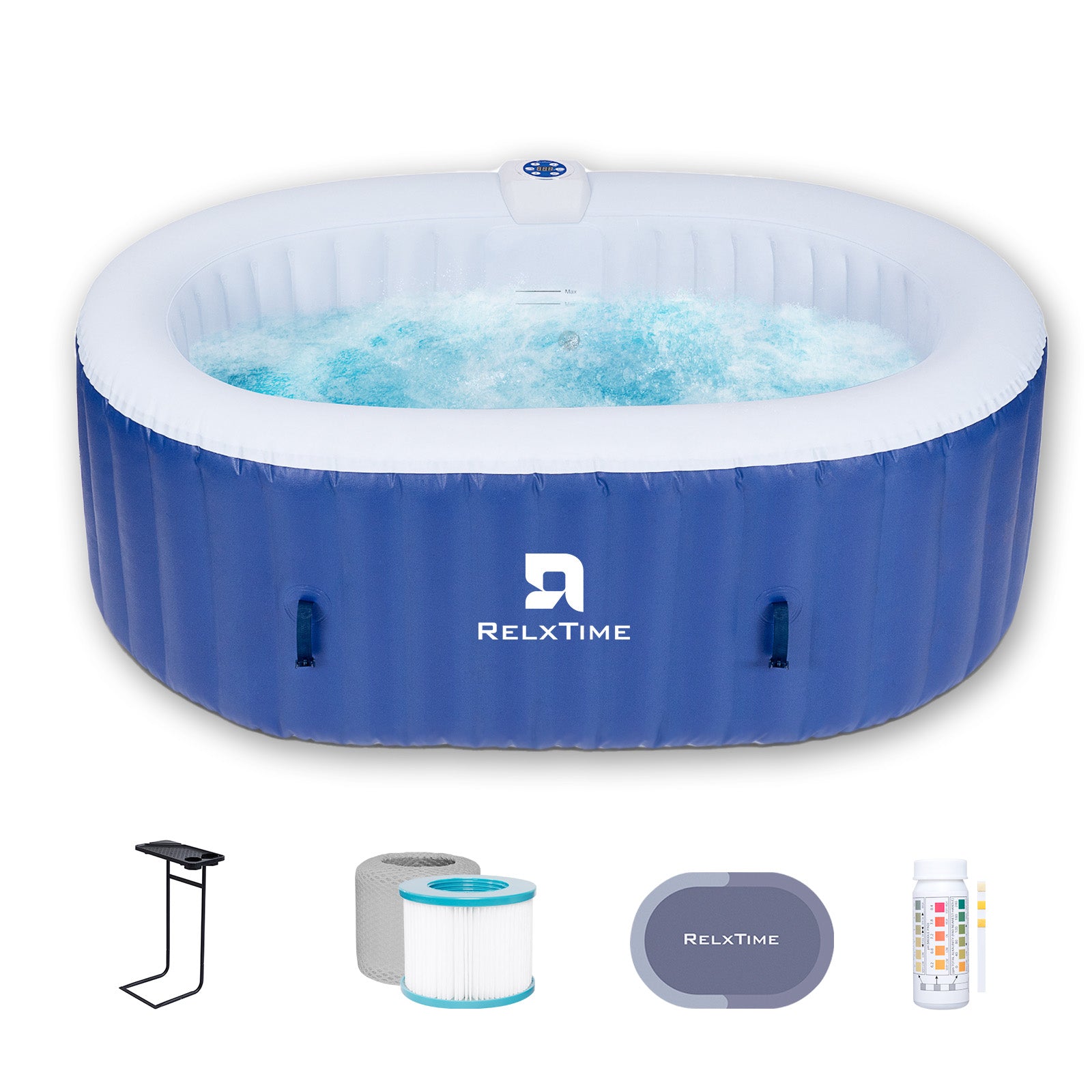Relxtime 2 Person Blue Classic Oval Hot Tub Spa with accessories, like filters, cup holder, white background