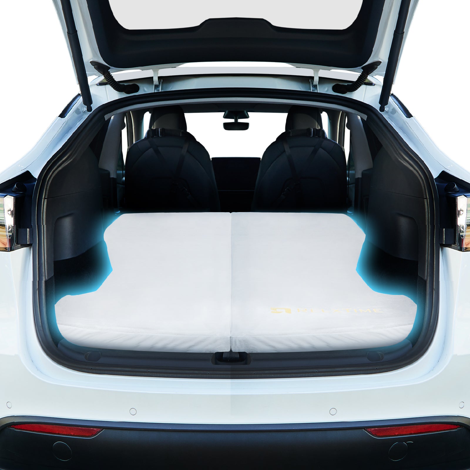 Relxtime Tesla Model Y custom-fit memory foam camping mattress laid flat in rear seats