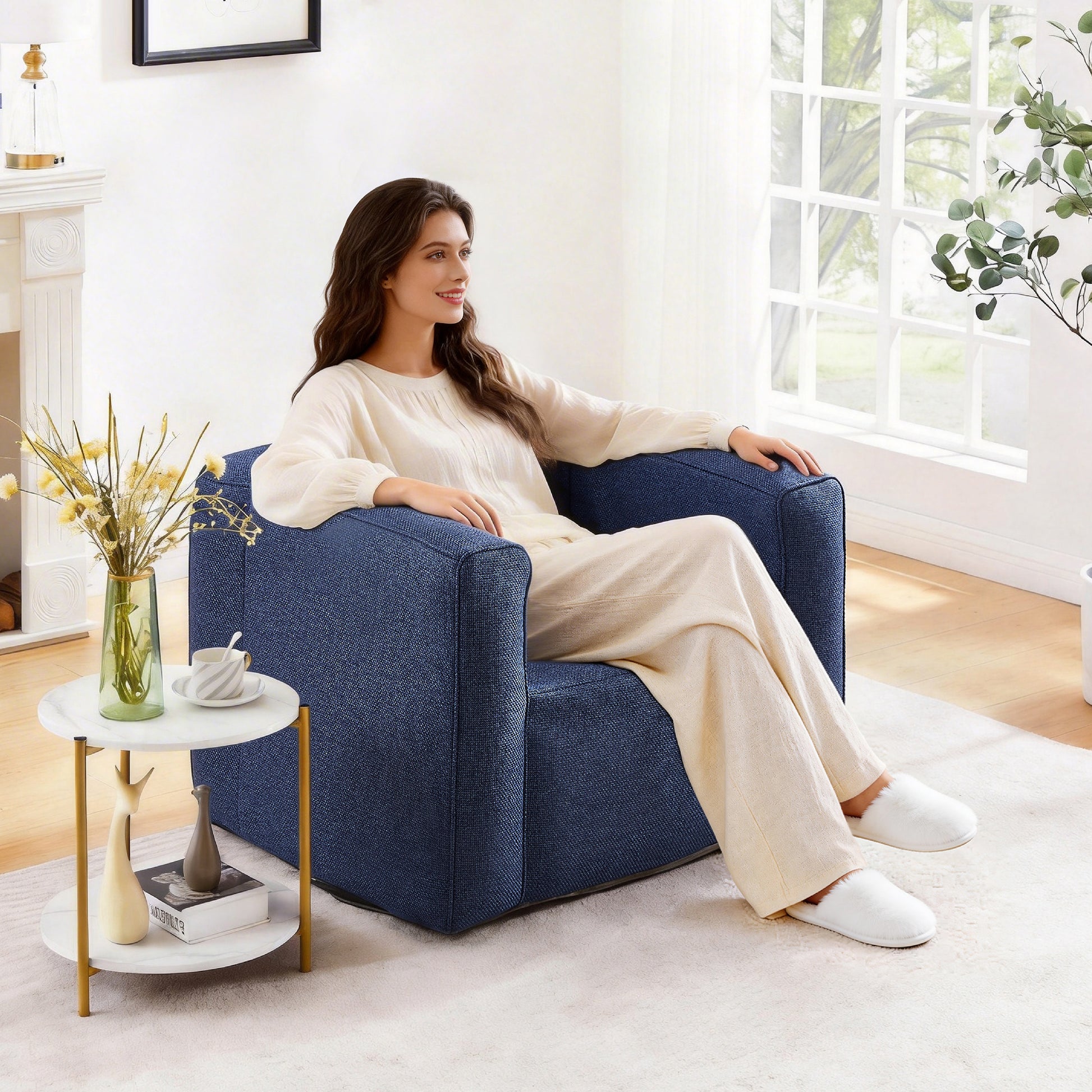 Portable Linen-Textured Air Lounger Chair in Blue