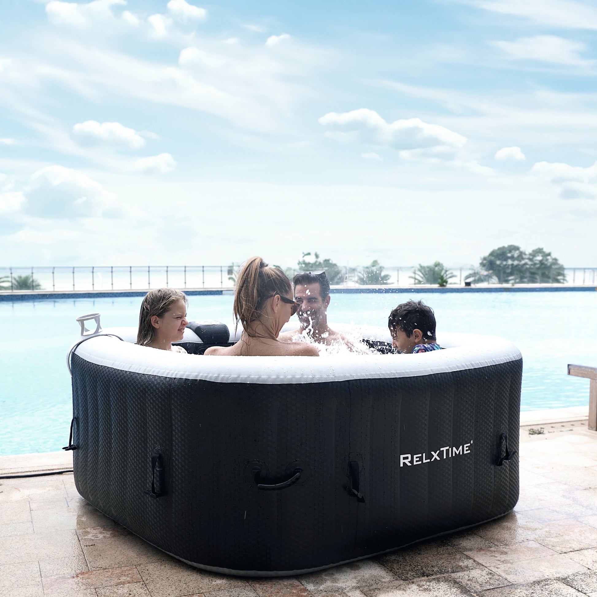 Relxtime 2-3 Person Square Inflatable Hot Tub 120 Massaging Air Jets Black Laminated Classic Spa - HS004