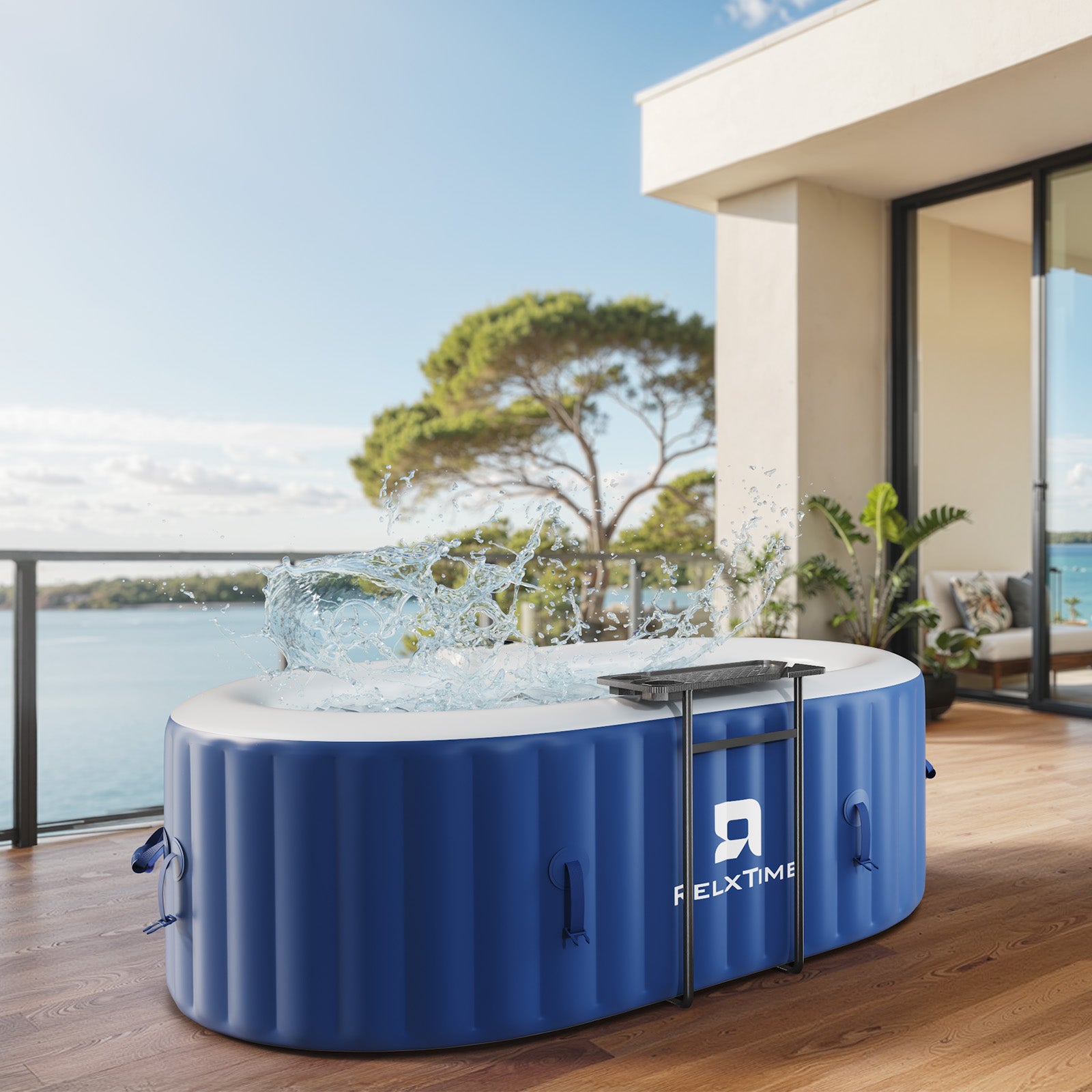 Relxtime 2 Person Blue Classic Oval Hot Tub Spa in backyard setting
