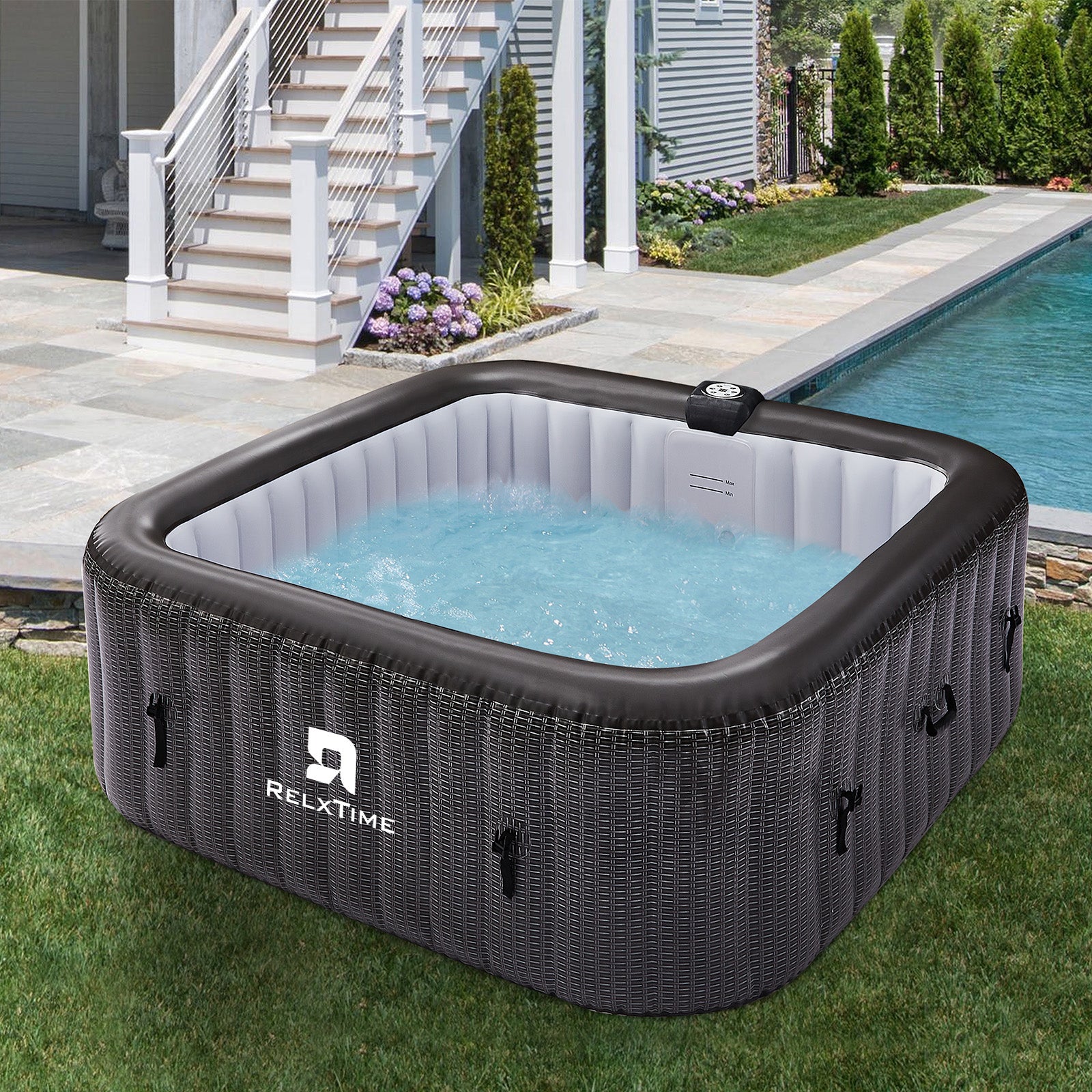 Relxtime Person Square Inflatable Hot Tub 130 Massaging Air Jets Bla