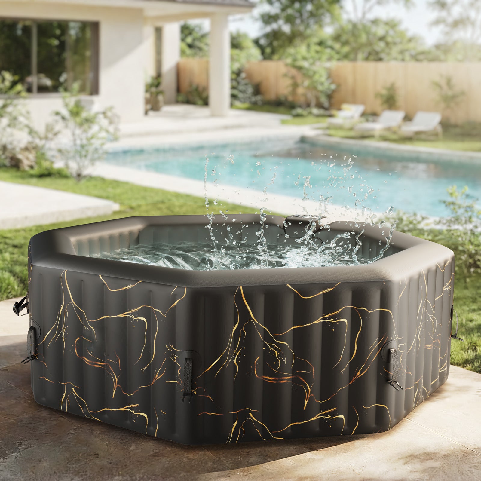 Relxtime 4-6 Person Octagonal Black Gold Inflatable Hot Tub, Portable Outdoor Spa with 130 Soothing Bubble Jets, Insulated Cover, 2 Filter Cartridges - HJD6001