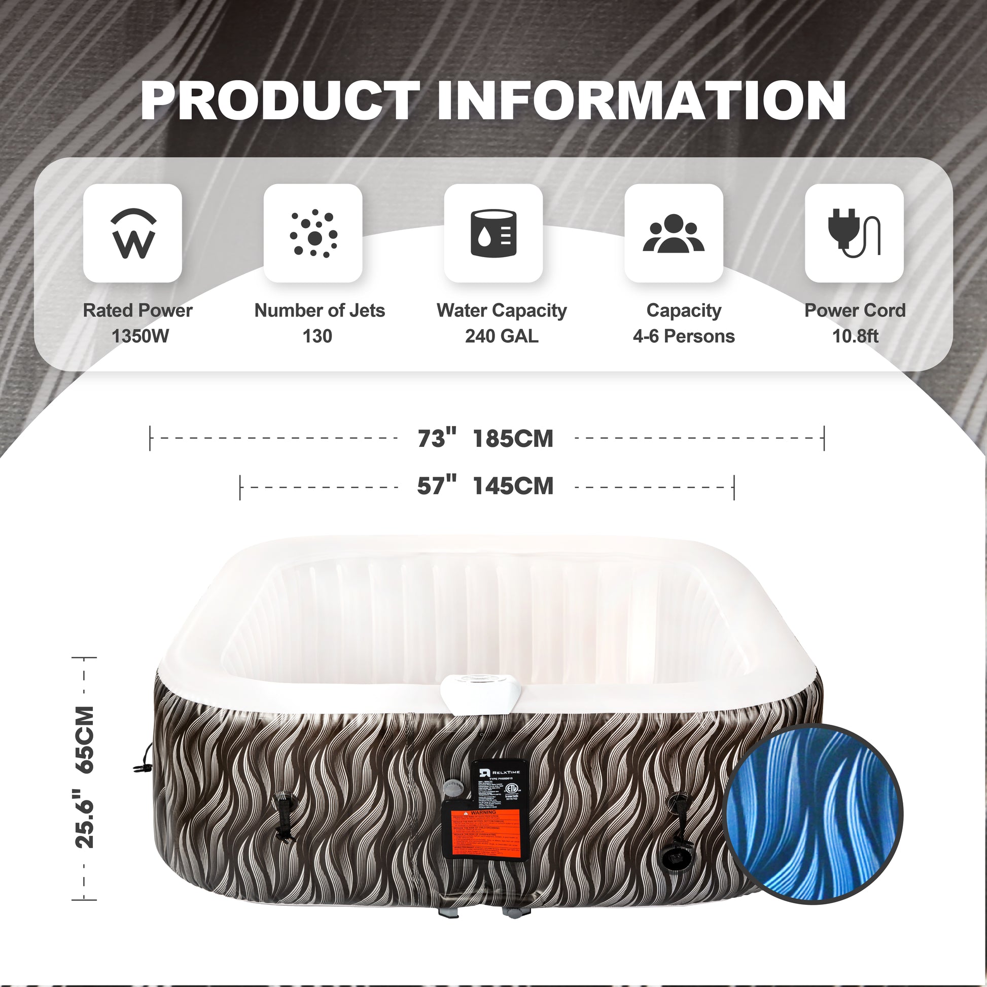 Square Inflatable Hot Tub - Elegant Black with LED