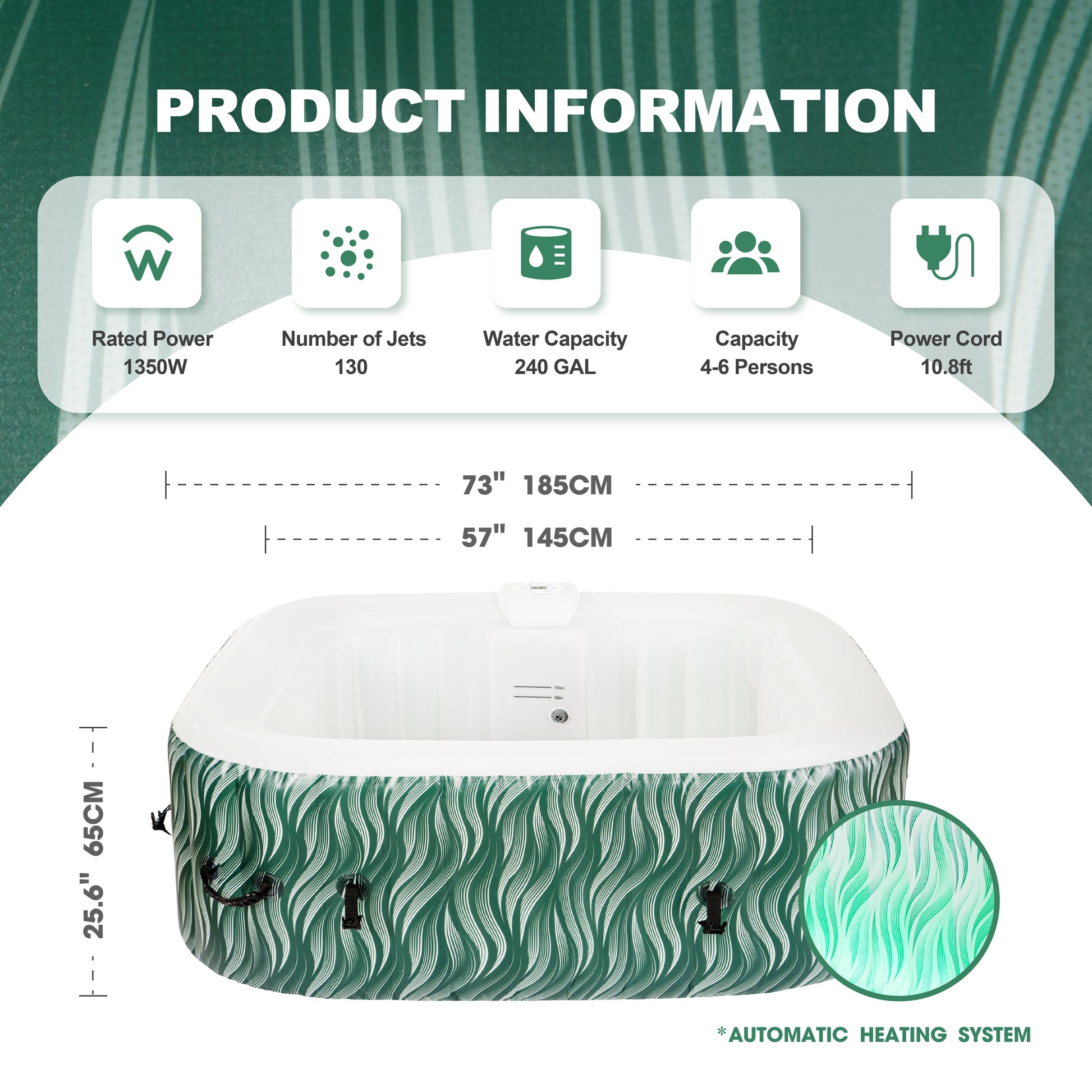 Square Inflatable Hot Tub - Vibrant Green with LED