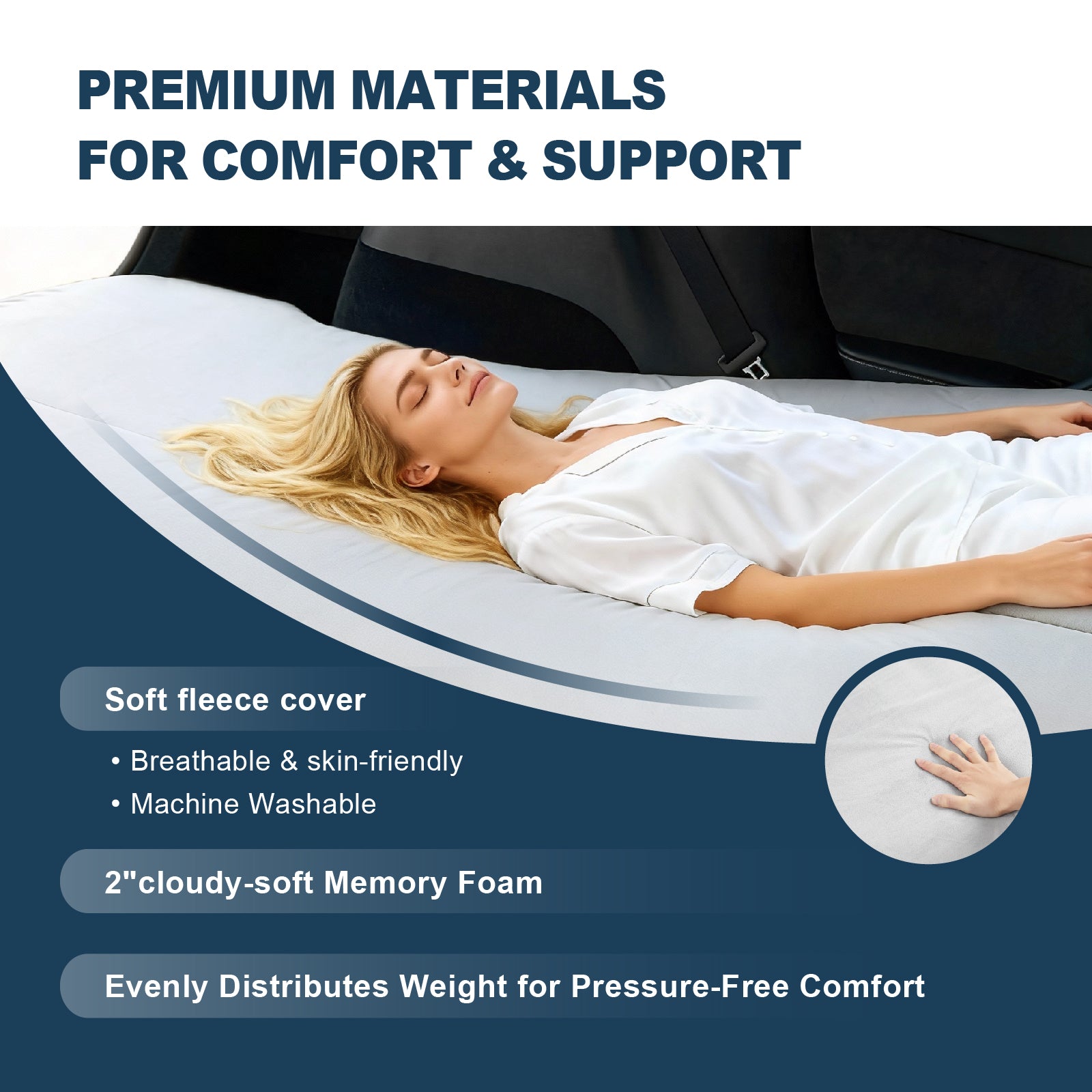 Woman sleeping on Relxtime 2-inch memory foam mattress in Tesla Model Y with machine-washable fleece cover