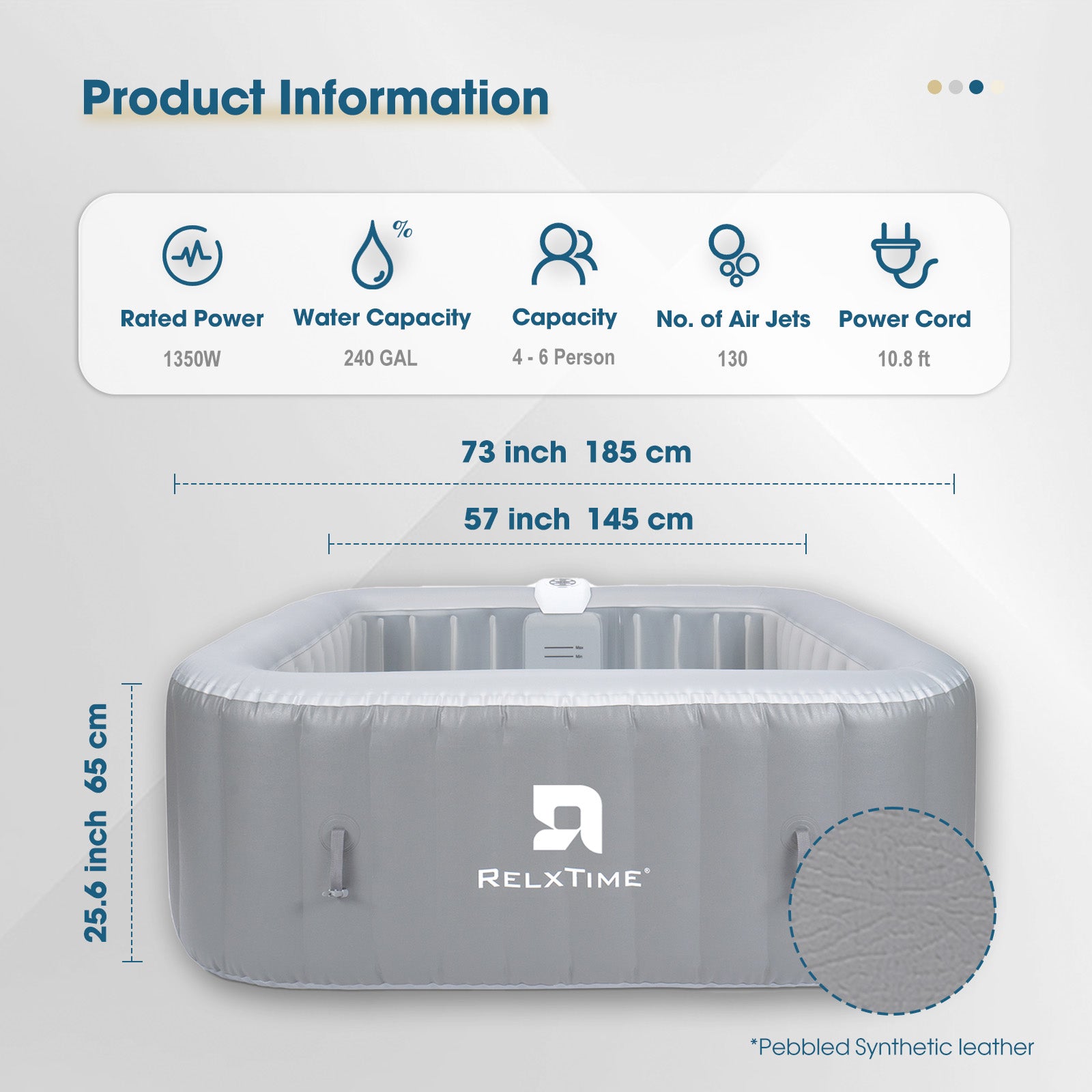 Relxtime 6 Person Square Inflatable Hot Tub 130 Massaging Air Jets Grey Laminated Classic Spa