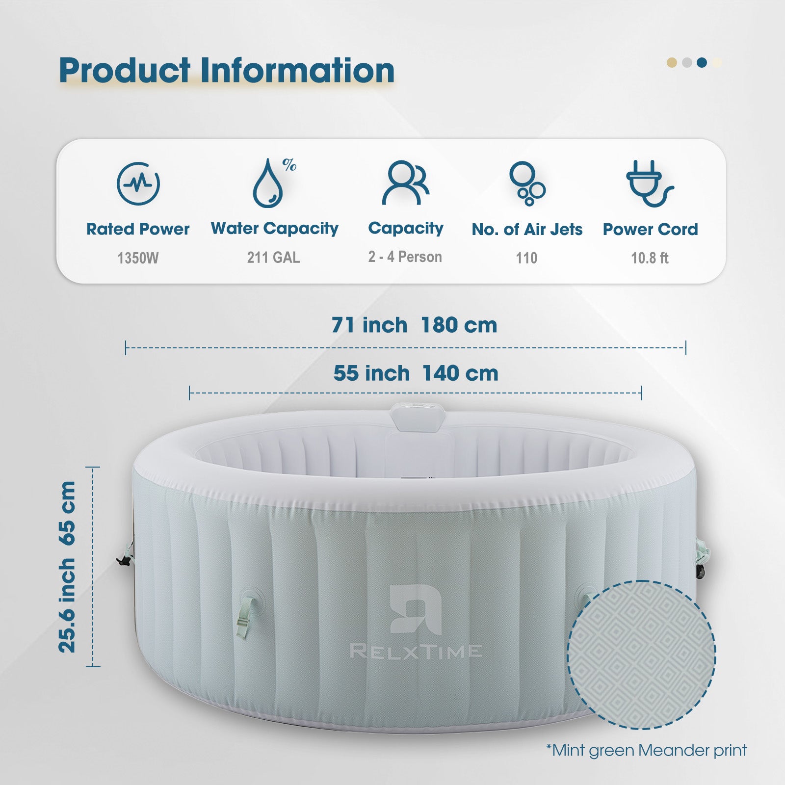 Green Diamond Pattern Square Spa for 2 people, featuring 1350W heater, 100 air jets, durable PVC and relaxing bubble jets
