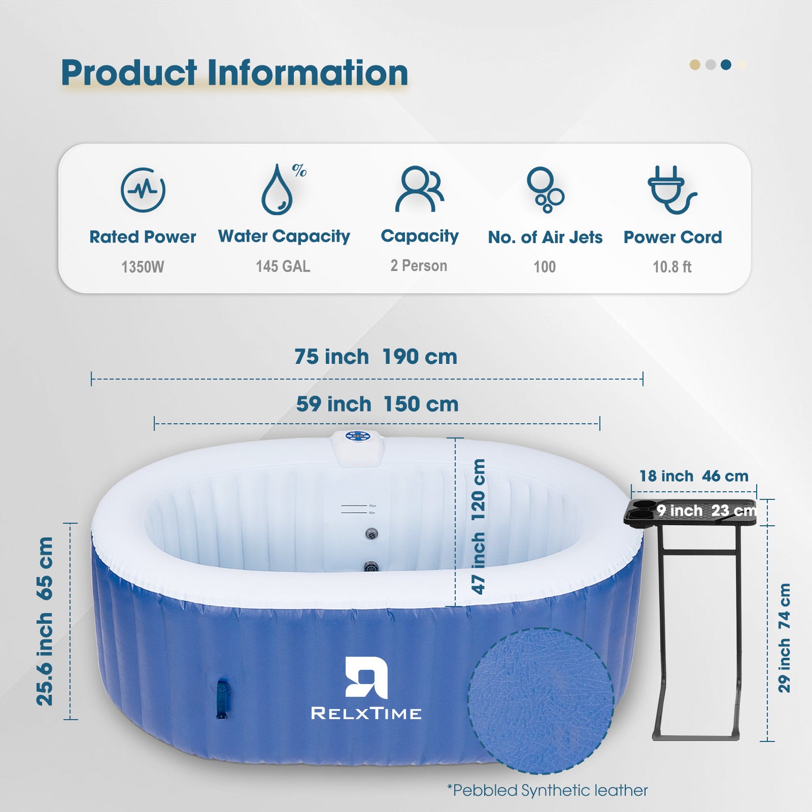 Blue Square inflatable SPA for 2 people, featuring 1350W heater, 100 air jets, durable PVC and relaxing bubble jets.