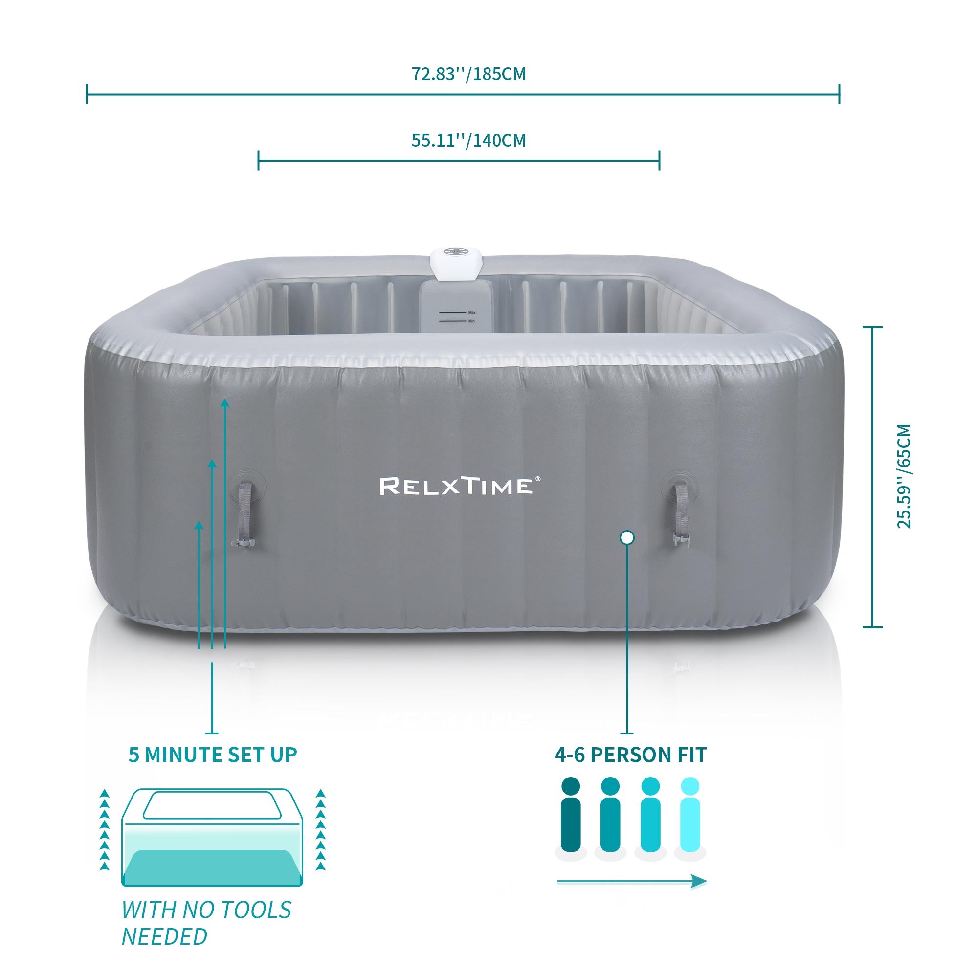 Relxtime 6 Person Square Inflatable Hot Tub 130 Massaging Air Jets Grey Laminated Classic Spa