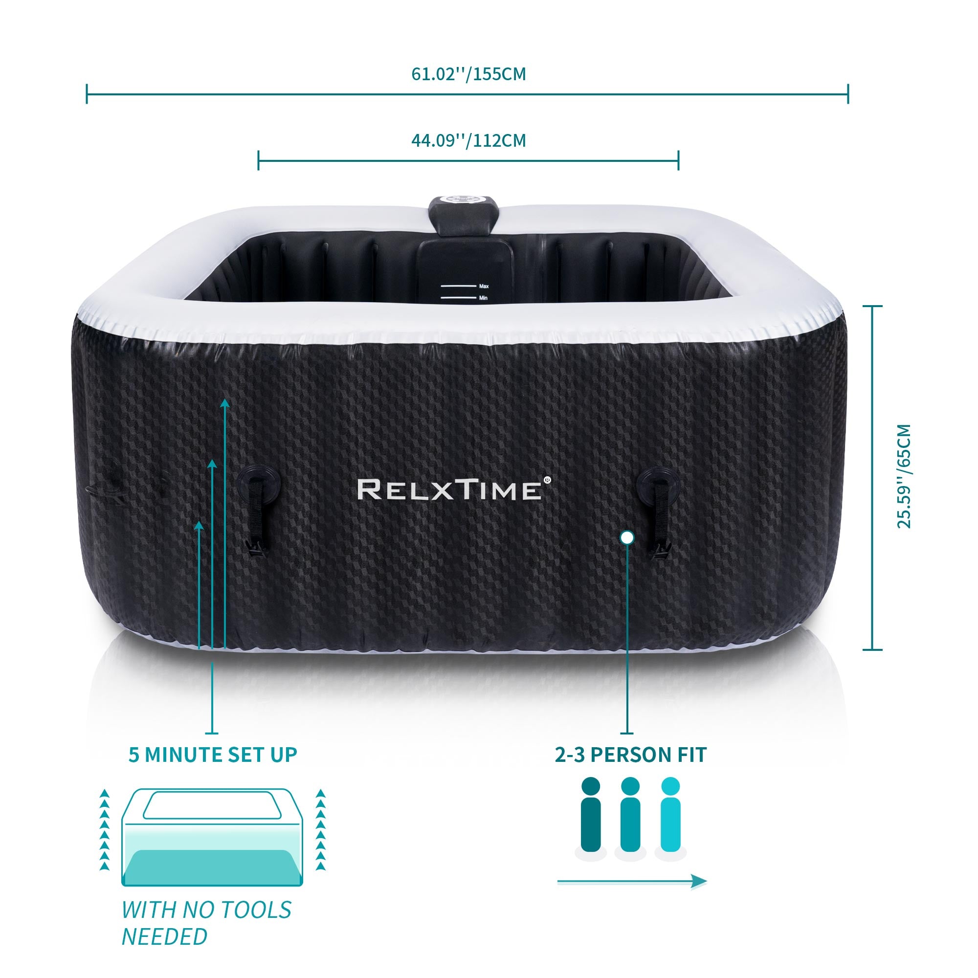 Relxtime 2-3 Person Square Inflatable Hot Tub 120 Massaging Air Jets Black Laminated Classic Spa