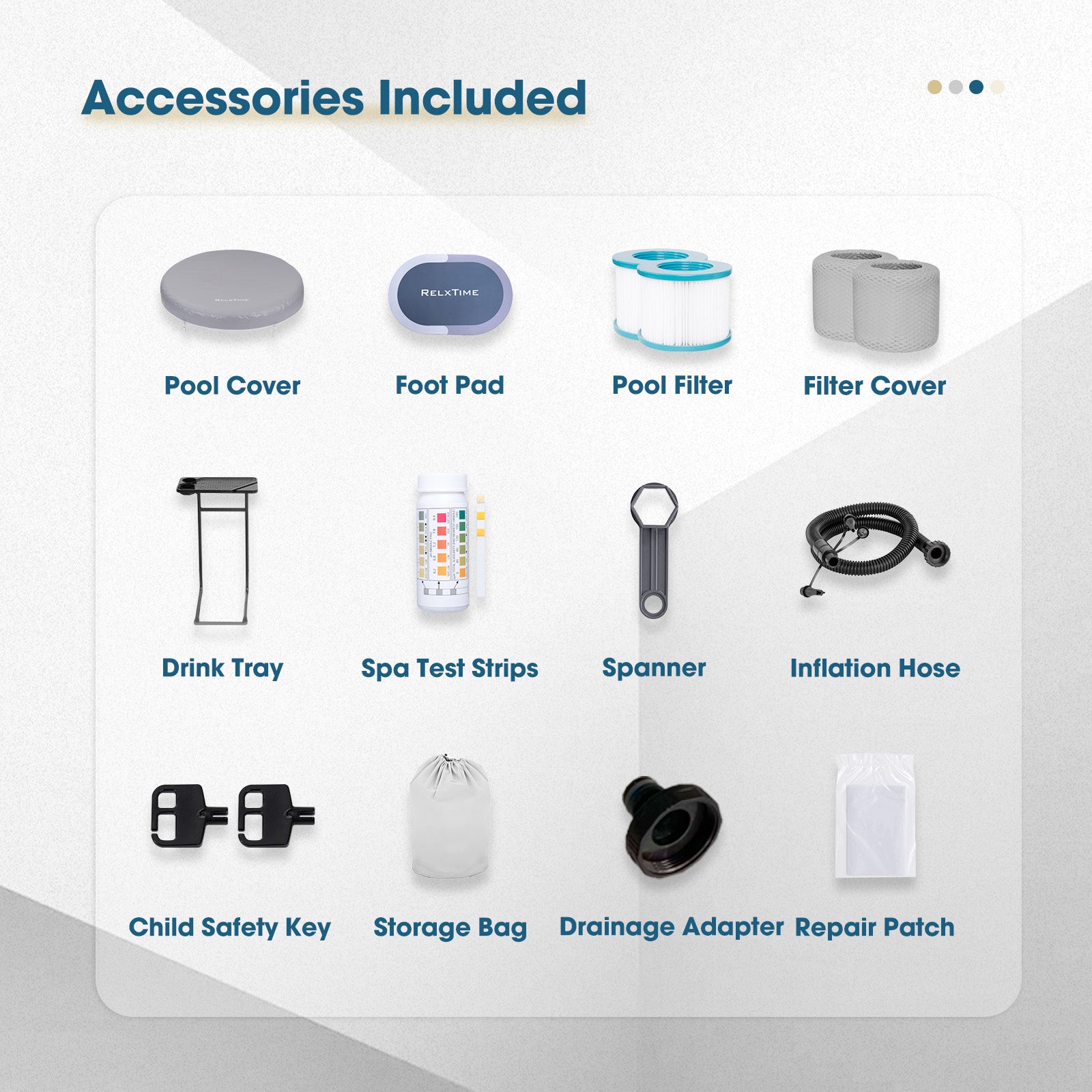RELXTIME inflatable hot tub accessories including pool cover, filter, cup holder, spanner and accessories

