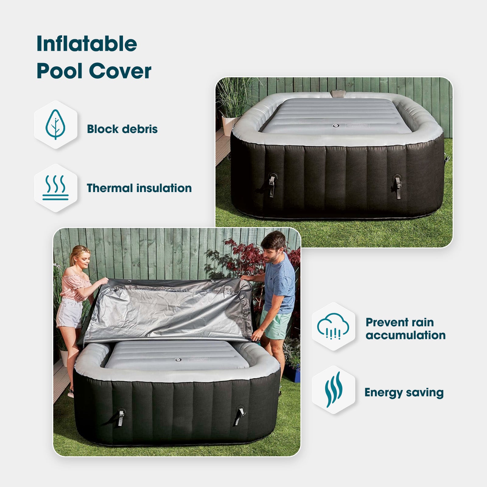 Relxtime Insulation Suit for 2-4 Person 61 inch Square Hot Tub Spa, Square Inflatable Cover Top Lid, Square Thermal Cover & Thickened Mat, Waterproof, Energy Efficiency Saving