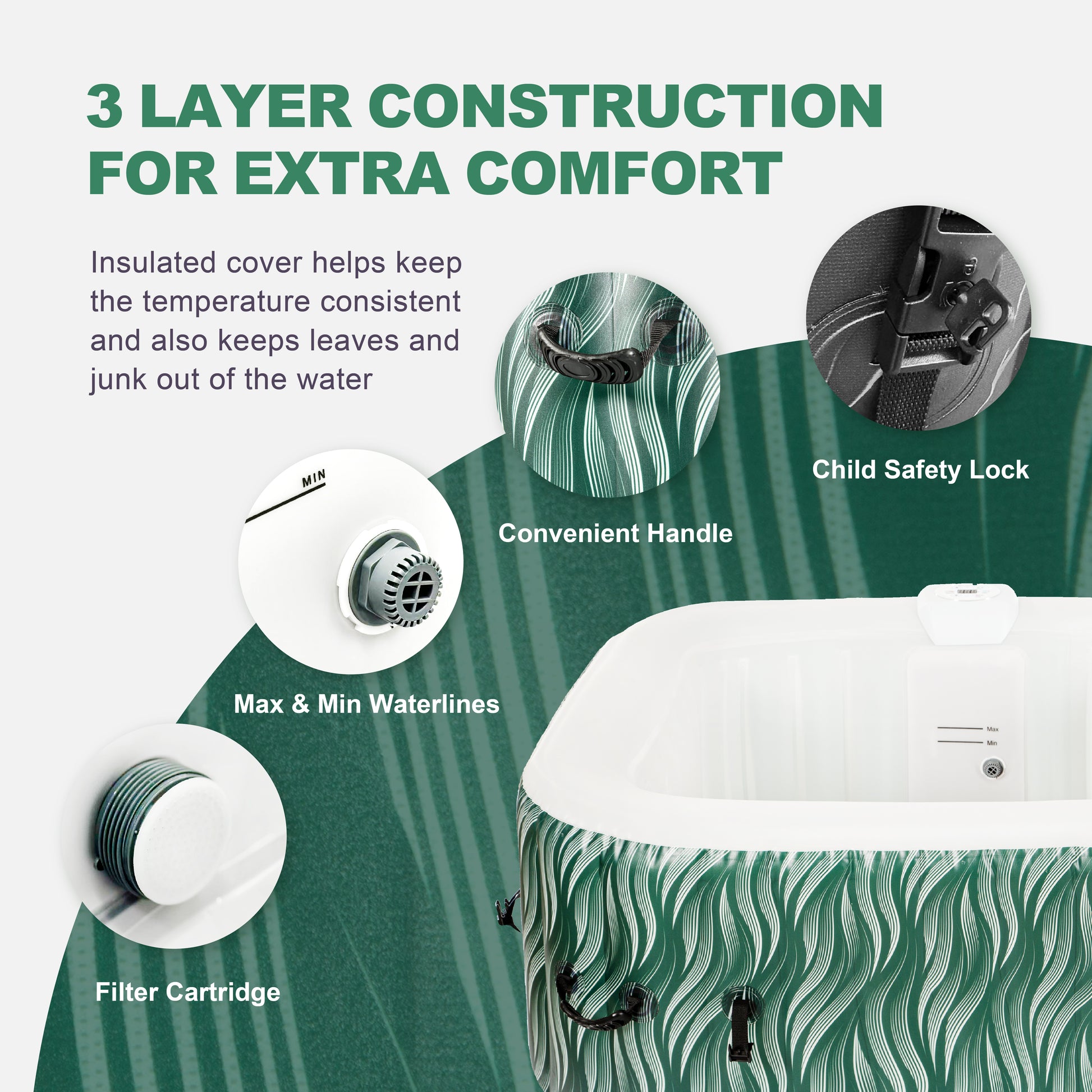 Square Inflatable Hot Tub - Vibrant Green with LED