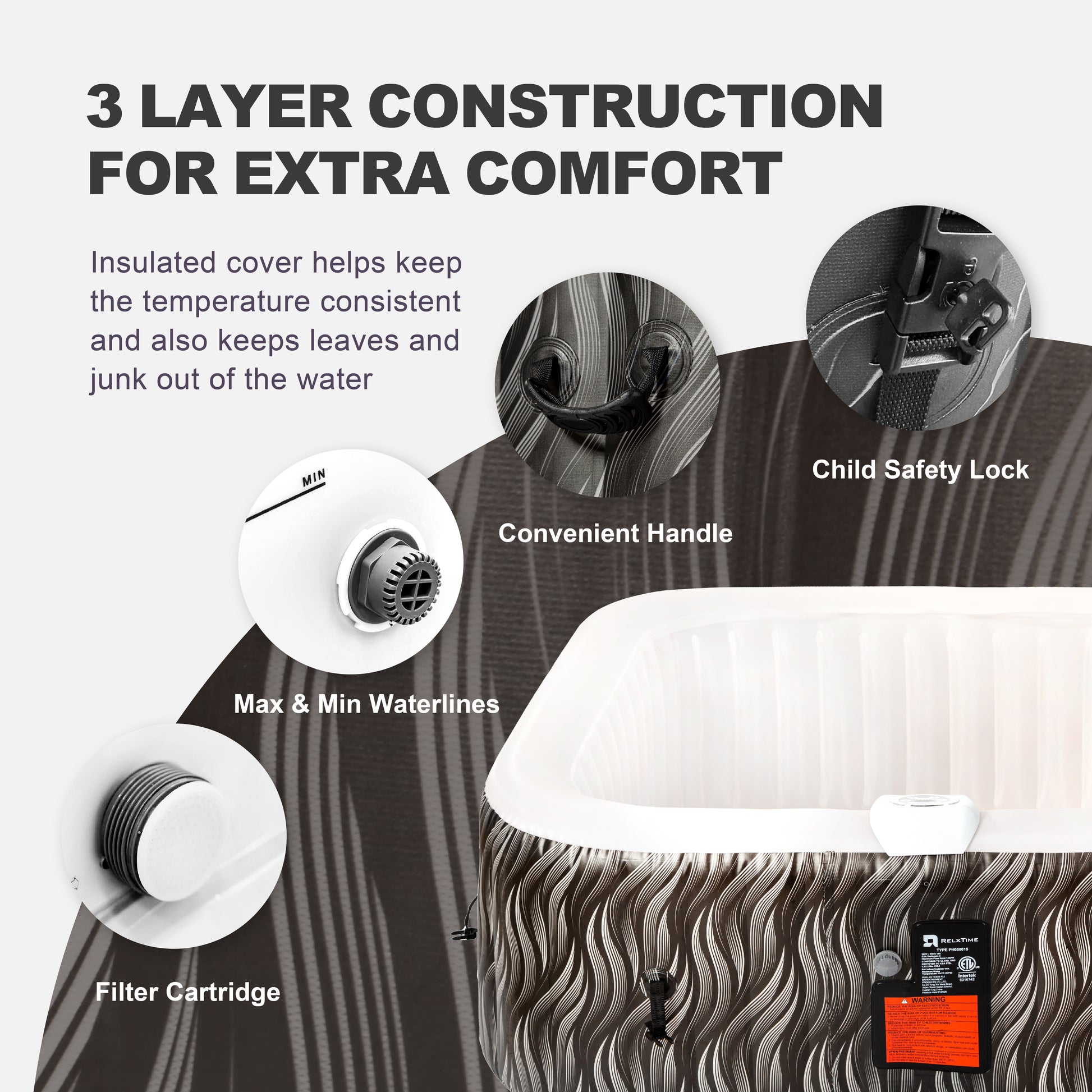 Square Inflatable Hot Tub - Elegant Black with LED