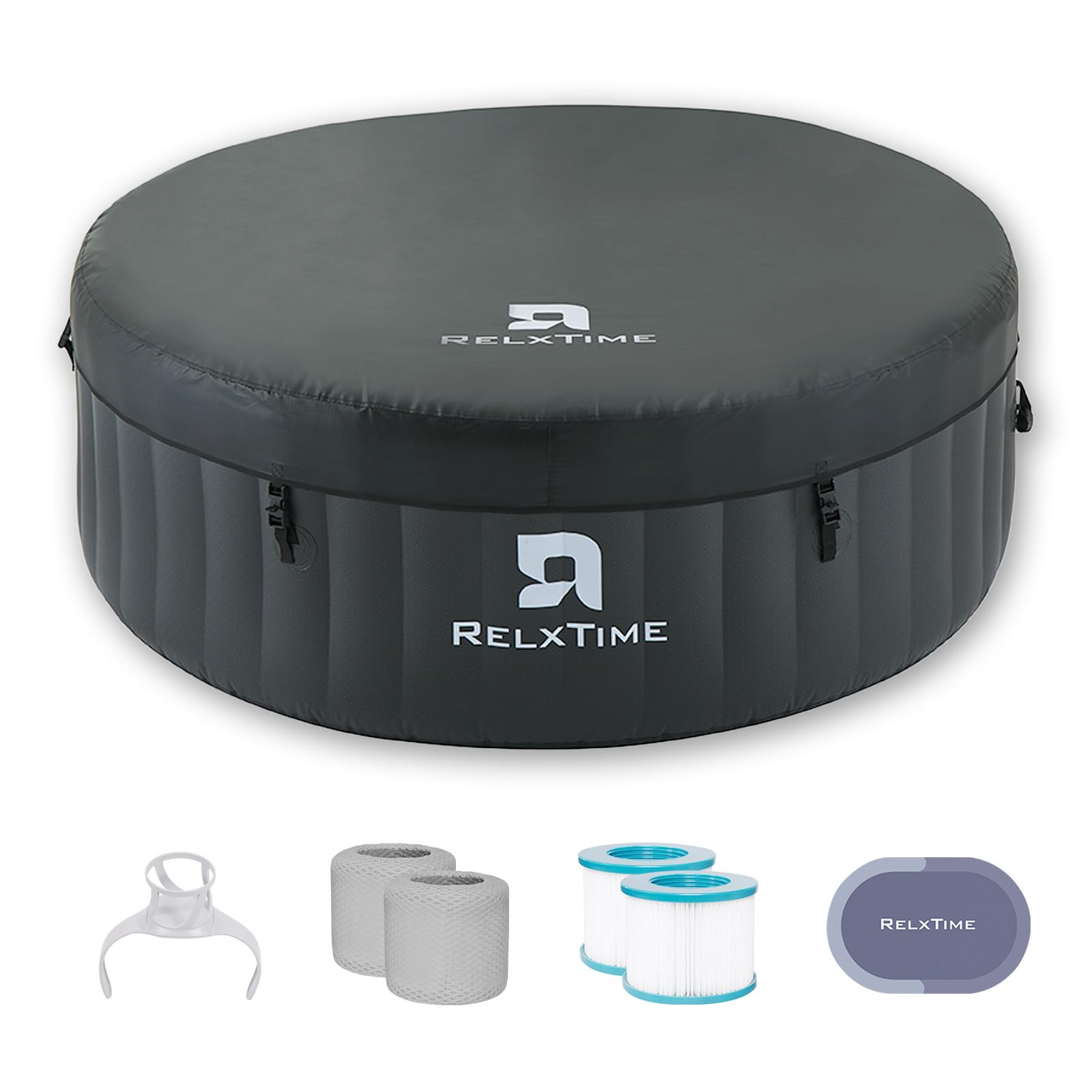 Relxtime 2-4 Person Portable Hottub, Inflatable Blow Up Hot Tub Spa Square Outdoor Hottub, 110 Bubble Air Jets, Cover, 2 Filter Cartridges, Black