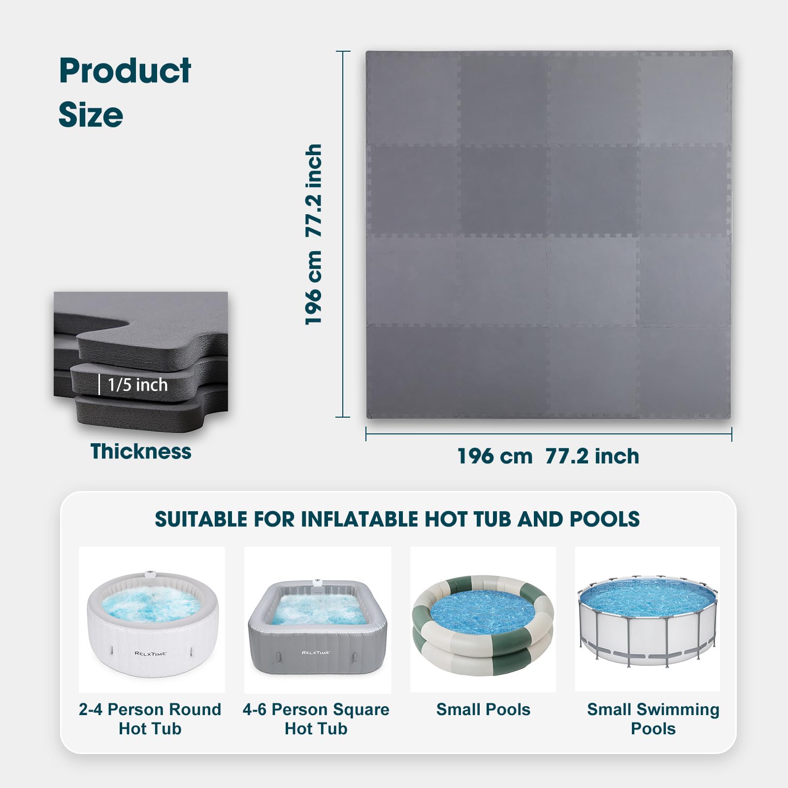 Relxtime 1/5" Thickness 77.2'' Hot Tub Thickened Mat, Waterproof Anti-Slip