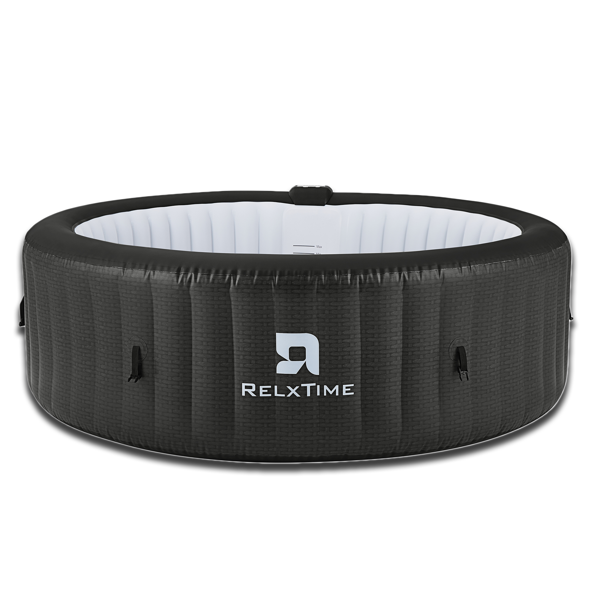 A round, black inflatable hot tub with the RELXTIME brand logo visible on it.