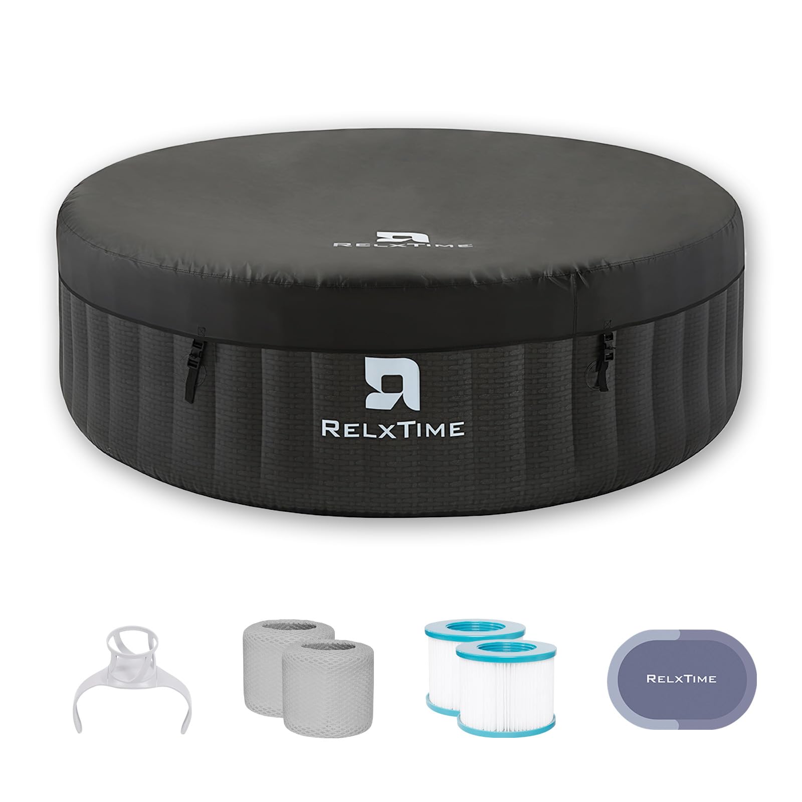 6 person round black inflatable SPA hot tub with pool cover, filter, cup holder, spanner and accessories, white background
