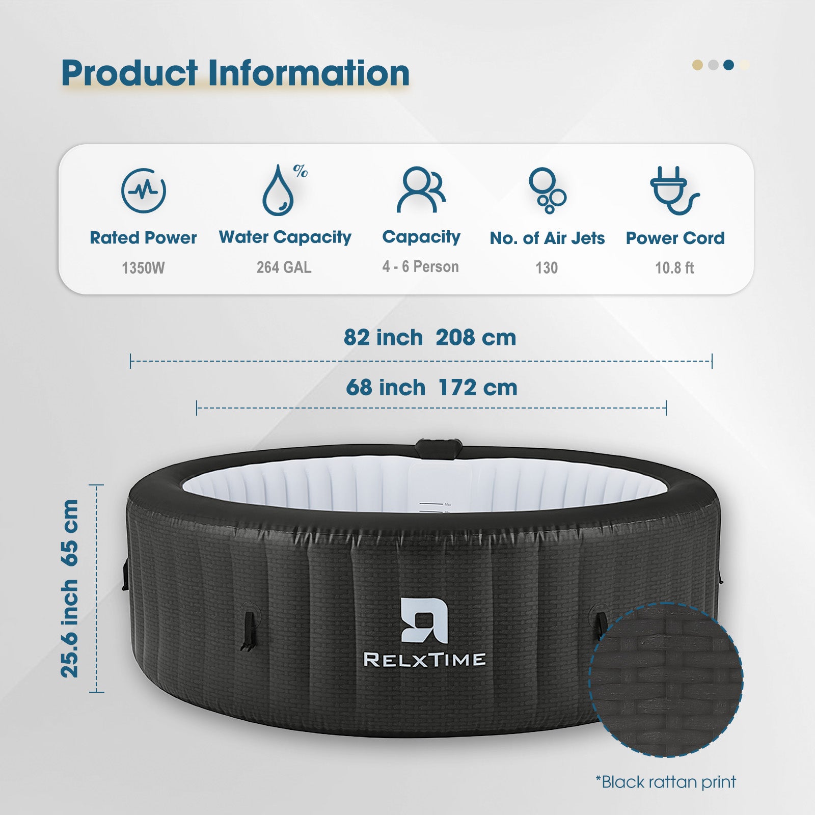 Black round inflatable SPA for 4-6 people, featuring 1350W heater, 130 air jets, durable PVC and relaxing bubble jets
