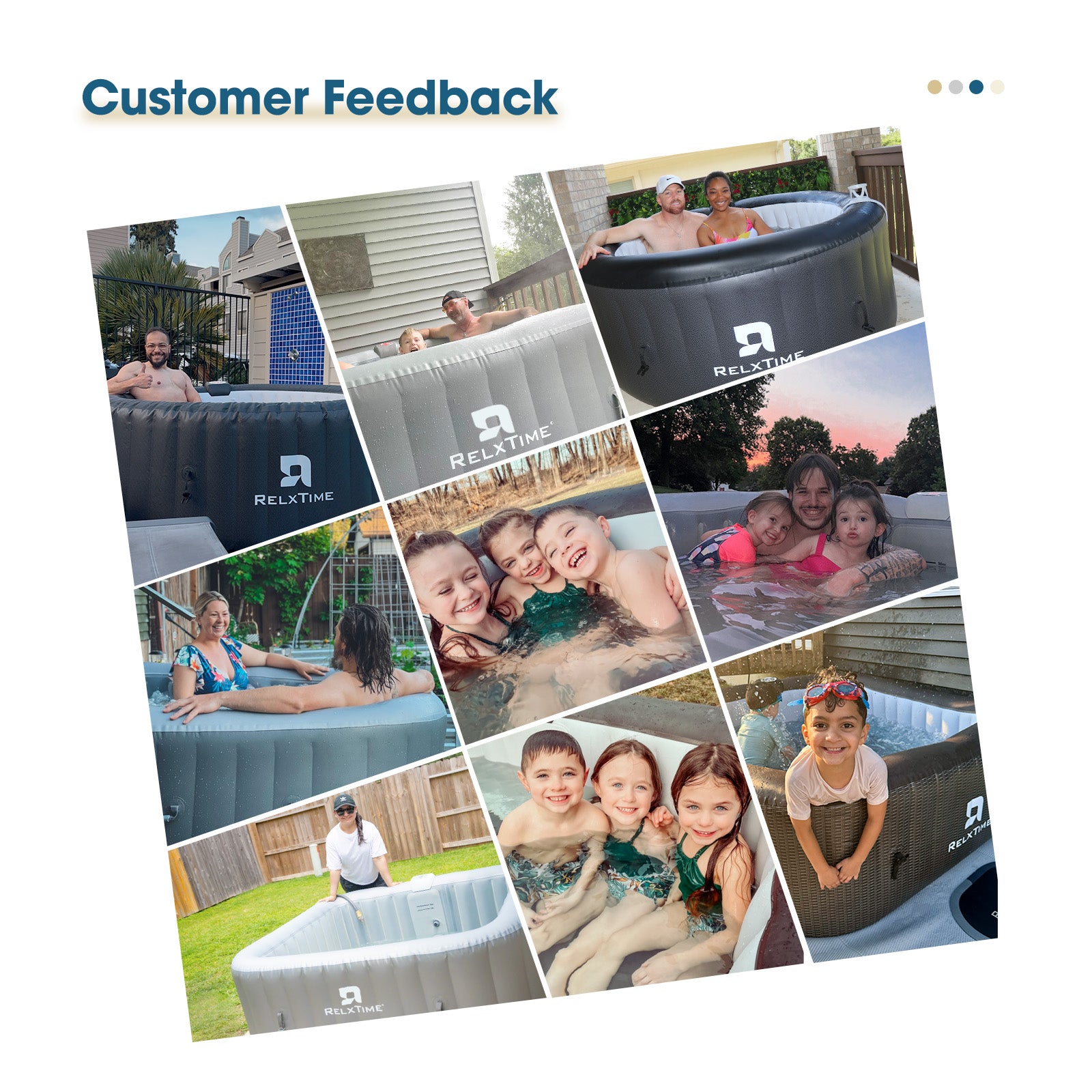 Real user photos showing people relaxing and enjoying Relxtime inflatable SPA hot tub.