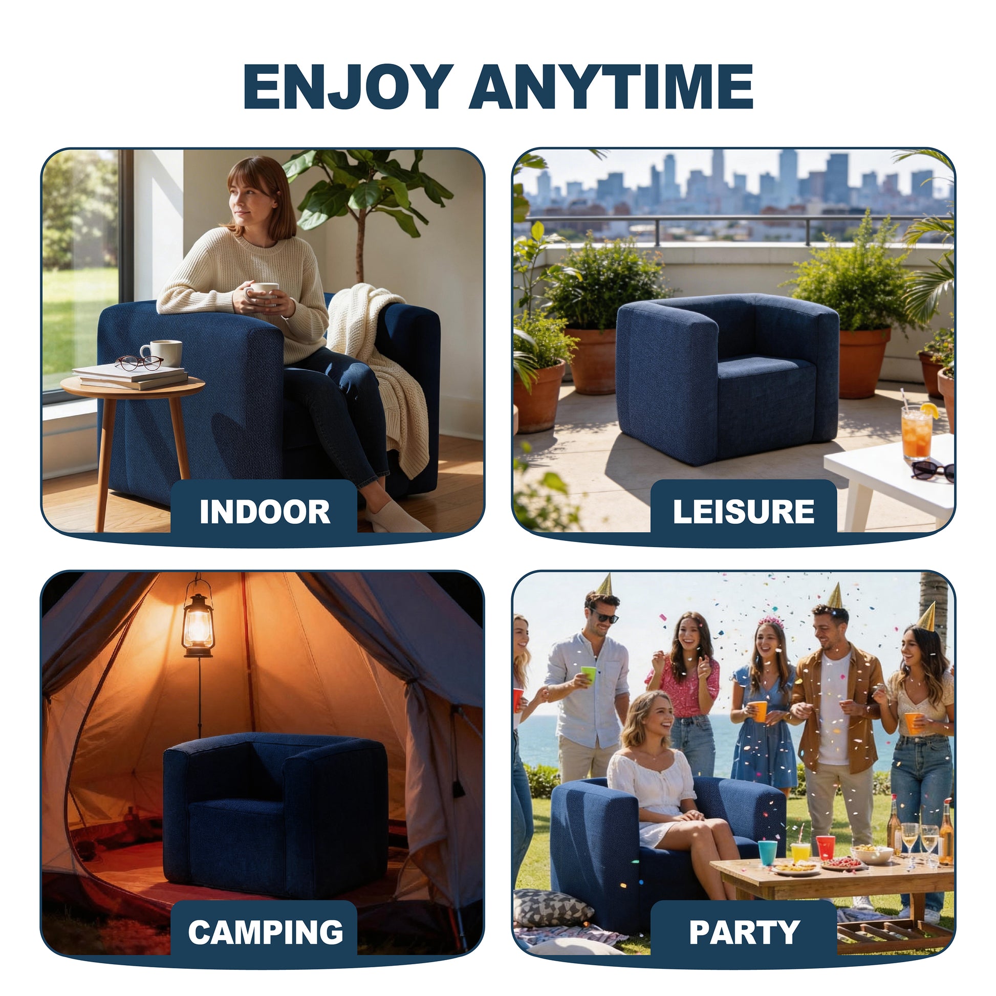 Portable Linen-Textured Air Lounger Chair in Blue