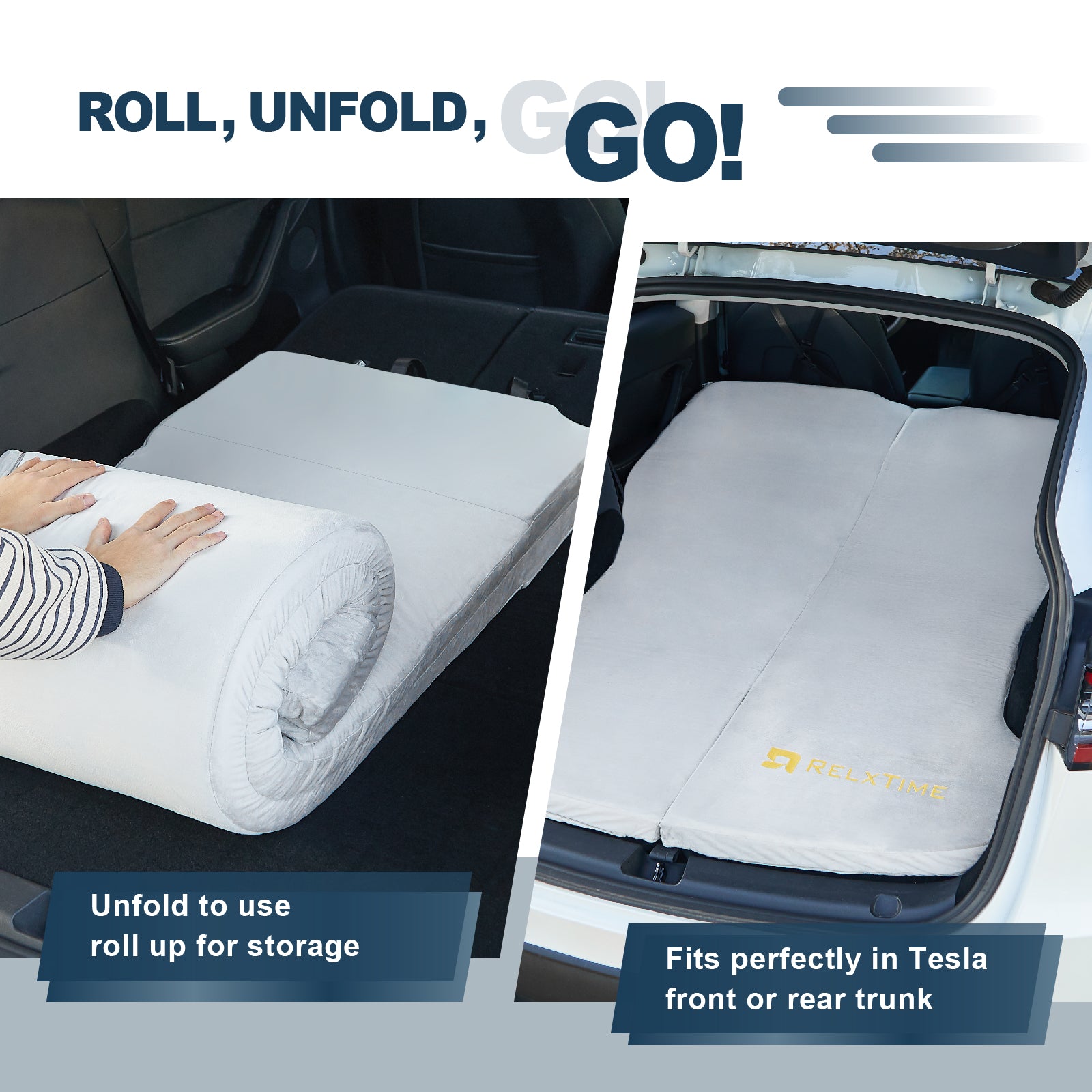 Relxtime foldable car mattress rolled up for storage and unfolded fitting in Tesla Model Y trunk