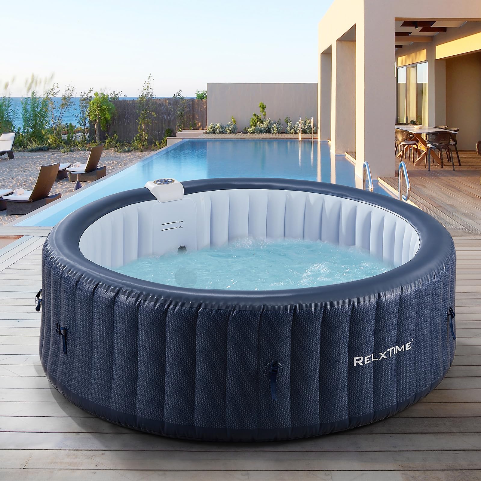 Relxtime 4-6 Person Round Inflatable Hot Tub with 130 Massaging Air Jets and Built in Heater Pump, Blue