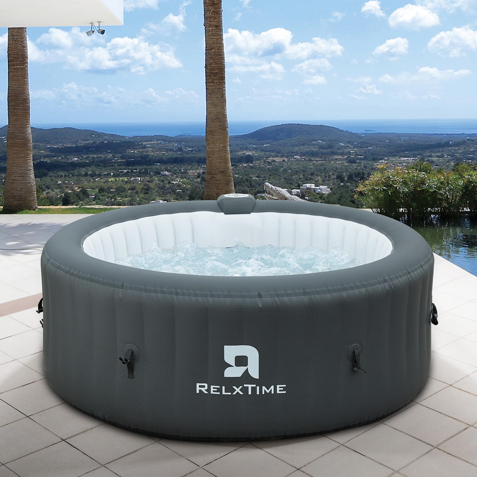 Relxtime 2-4 Person Portable Hottub, Inflatable Blow Up Hot Tub Spa Square Outdoor Hottub, 110 Bubble Air Jets, Cover, 2 Filter Cartridges, Black