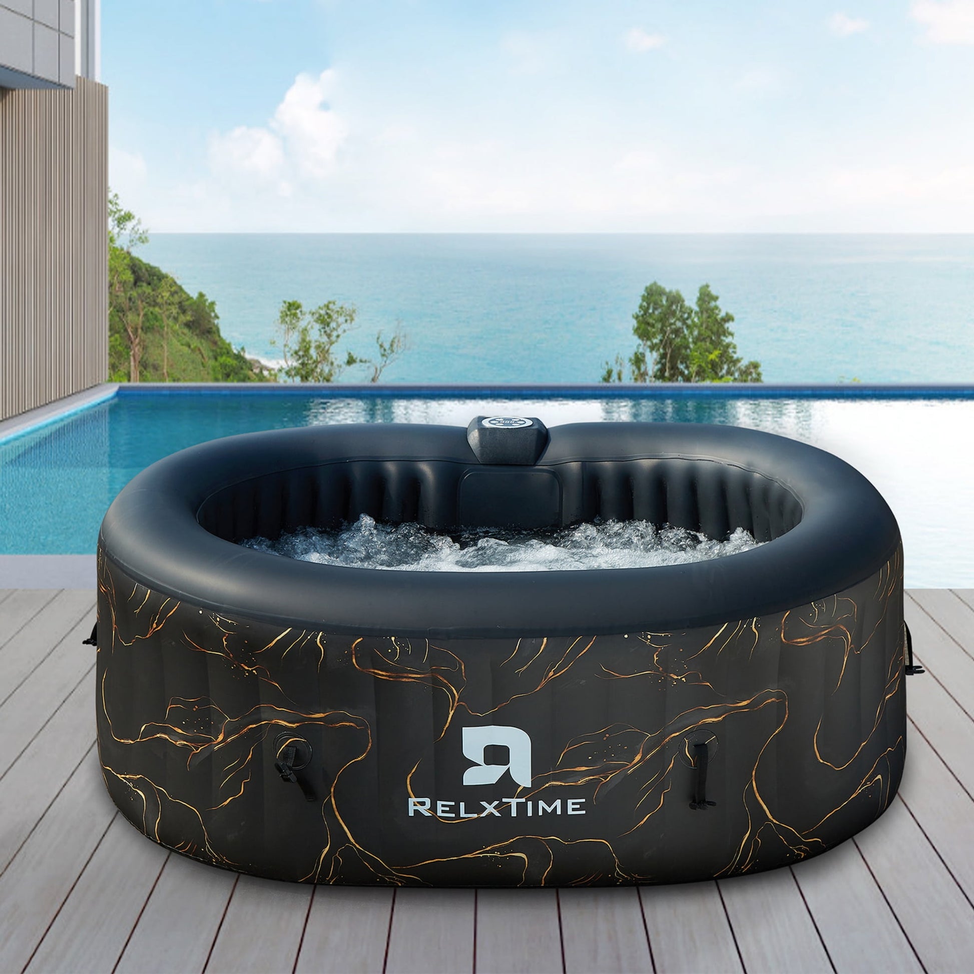 Relxtime 2 Person Inflatable Hot Tub, Oval Portable Blow Up Hottub, LED Light, Outdoor Spa with 100 Bubble Jets and Built in Heater Pump, 2 Filter Cartridges - HJO2001