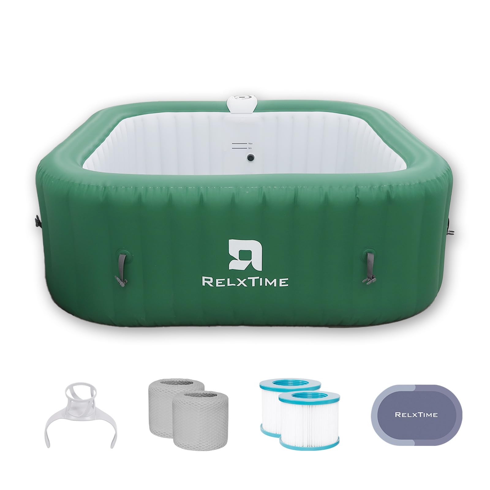 Relxtime 4-6 Person Square Luxury Green Inflatable Massage Spa with 130 Bubble Jets, Portable Outdoor Spa with Built-in Integrated Heating System - LS006