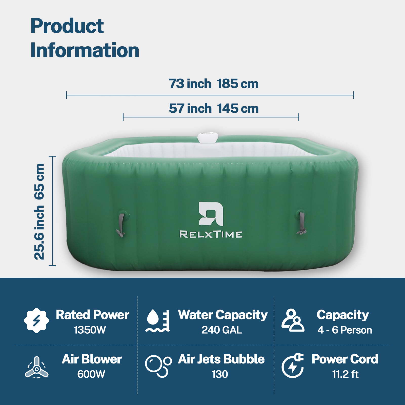 Relxtime 4-6 Person Square Luxury Green Inflatable Massage Spa with 130 Bubble Jets, Portable Outdoor Spa with Built-in Integrated Heating System - LS006