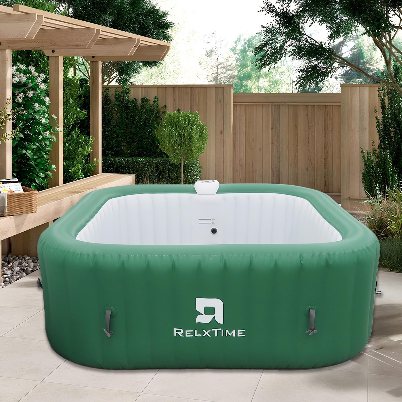 Relxtime 4-6 Person Square Luxury Green Inflatable Massage Spa with 130 Bubble Jets, Portable Outdoor Spa with Built-in Integrated Heating System - LS006