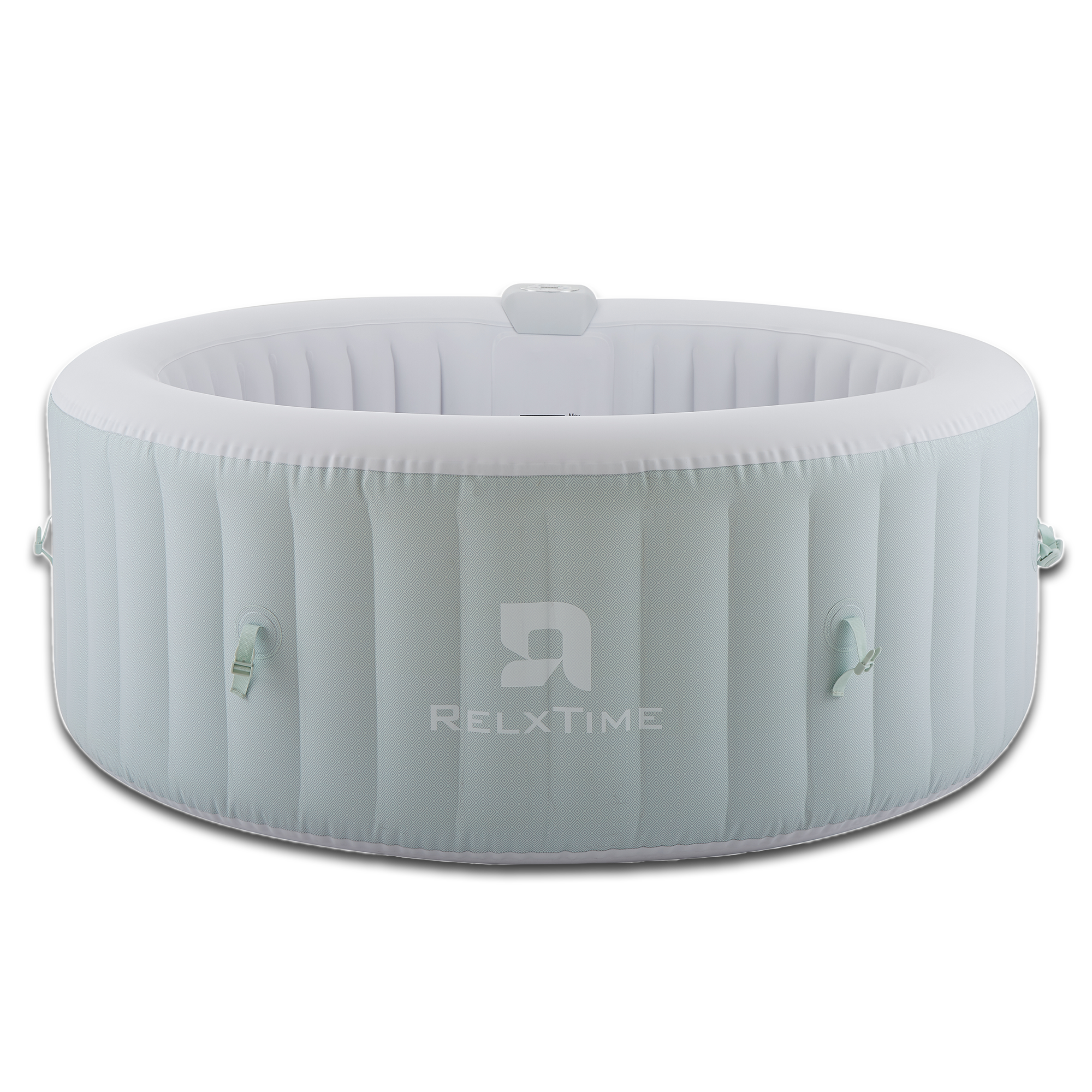 Inflatable square-shaped green and white hot tub with the Relxtime brand logo, designed for 2-4 people with bubble air jets.