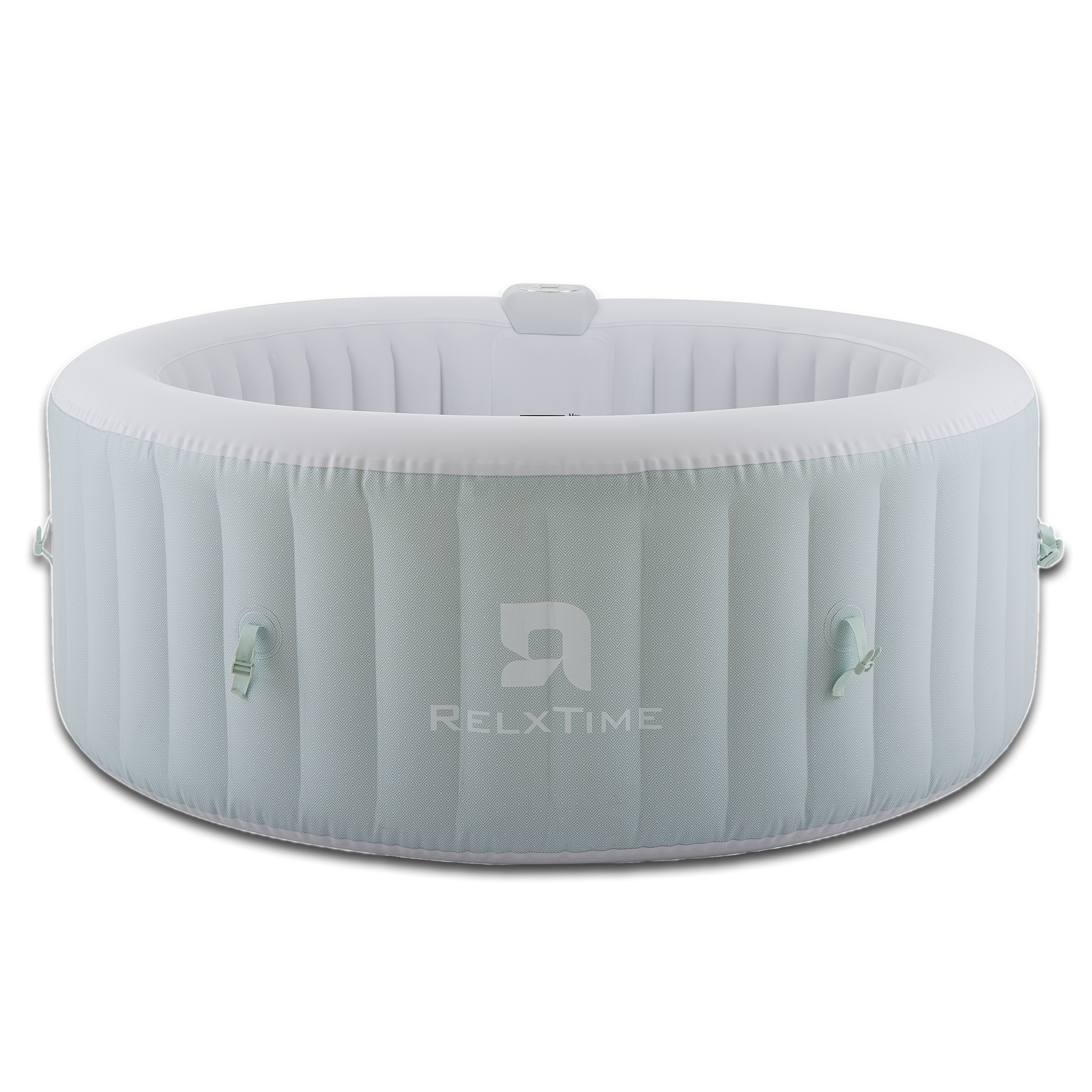 Inflatable square-shaped green and white hot tub with the Relxtime brand logo, designed for 2-4 people with bubble air jets.