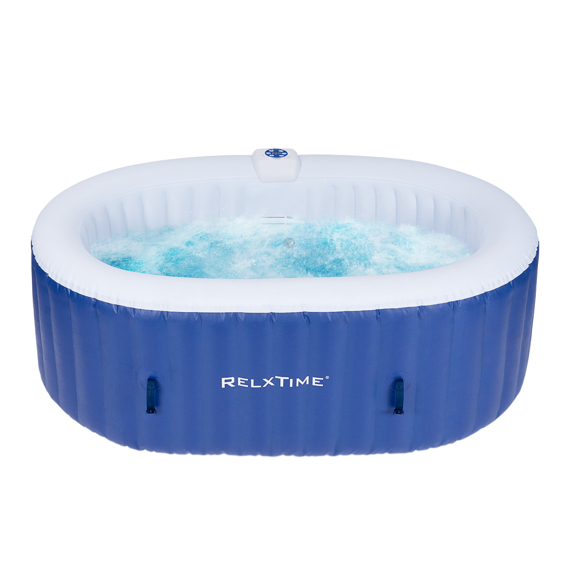 An oval inflatable hot tub with blue exterior and white interior, featuring multiple air jets, and the brand name 'RELXTIME' visible on the side.