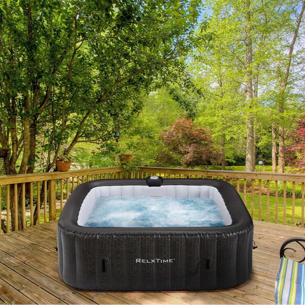 Relxtime 6 Person Square Inflatable Hot Tub 130 Massaging Air Jets Black Laminated Classic Spa - TB001